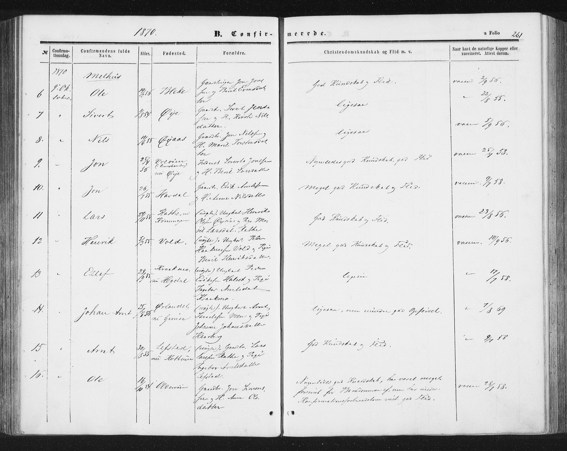 Ministerialprotokoller, klokkerbøker og fødselsregistre - Sør-Trøndelag, AV/SAT-A-1456/691/L1077: Parish register (official) no. 691A09, 1862-1873, p. 261