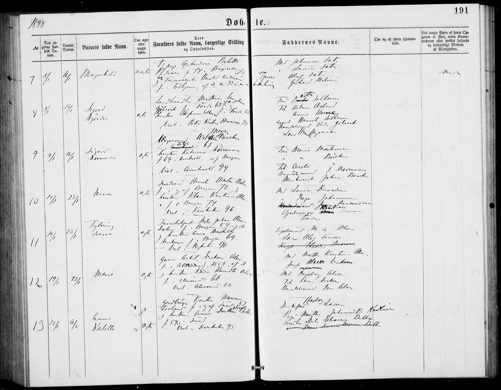 Fødselsstiftelsens sokneprestembete, ført av overlegen*, SAB/-: Parish register (official) no. A 2, 1884-1900, p. 191