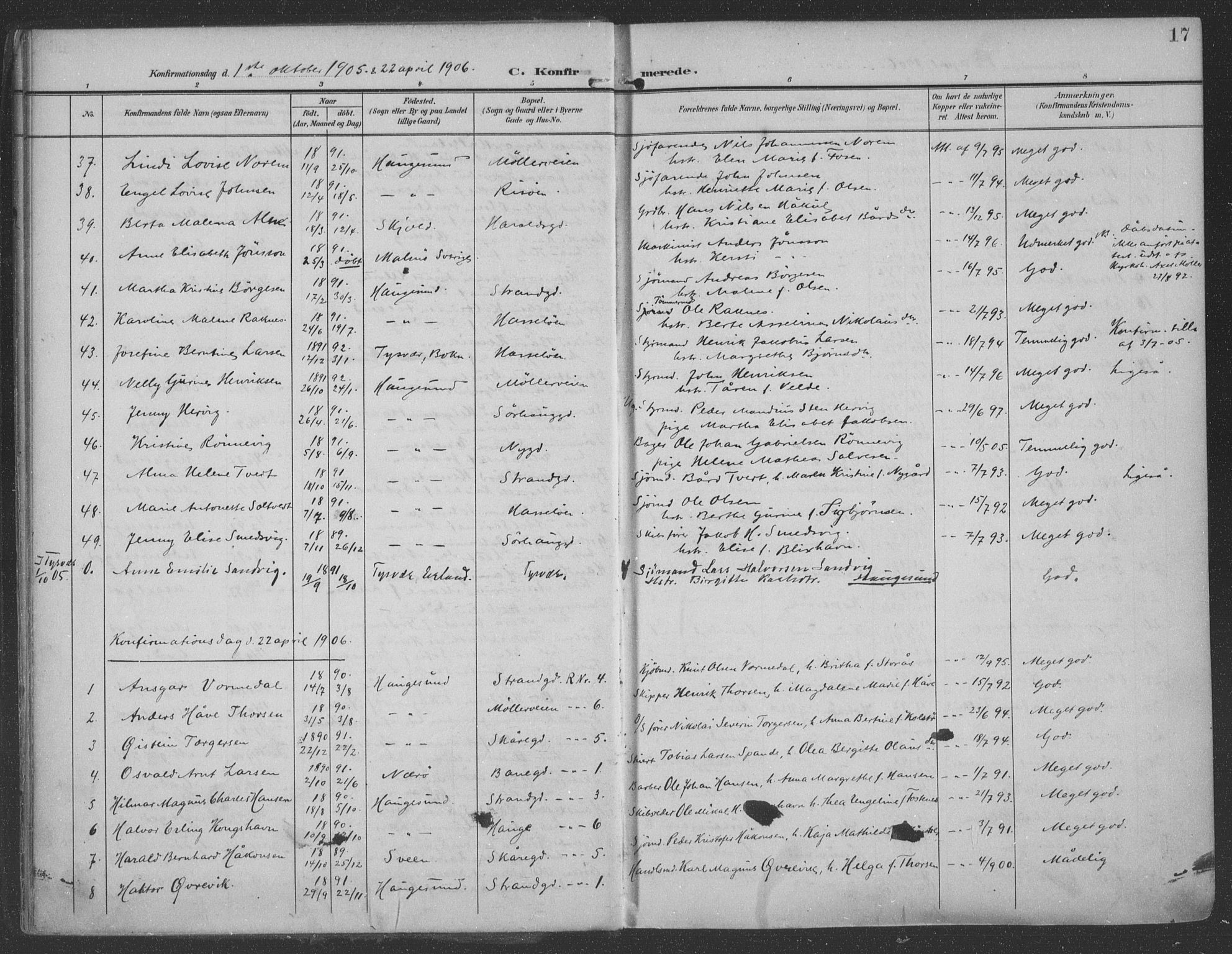 Haugesund sokneprestkontor, SAST/A -101863/H/Ha/Haa/L0007: Parish register (official) no. A 7, 1904-1916, p. 17