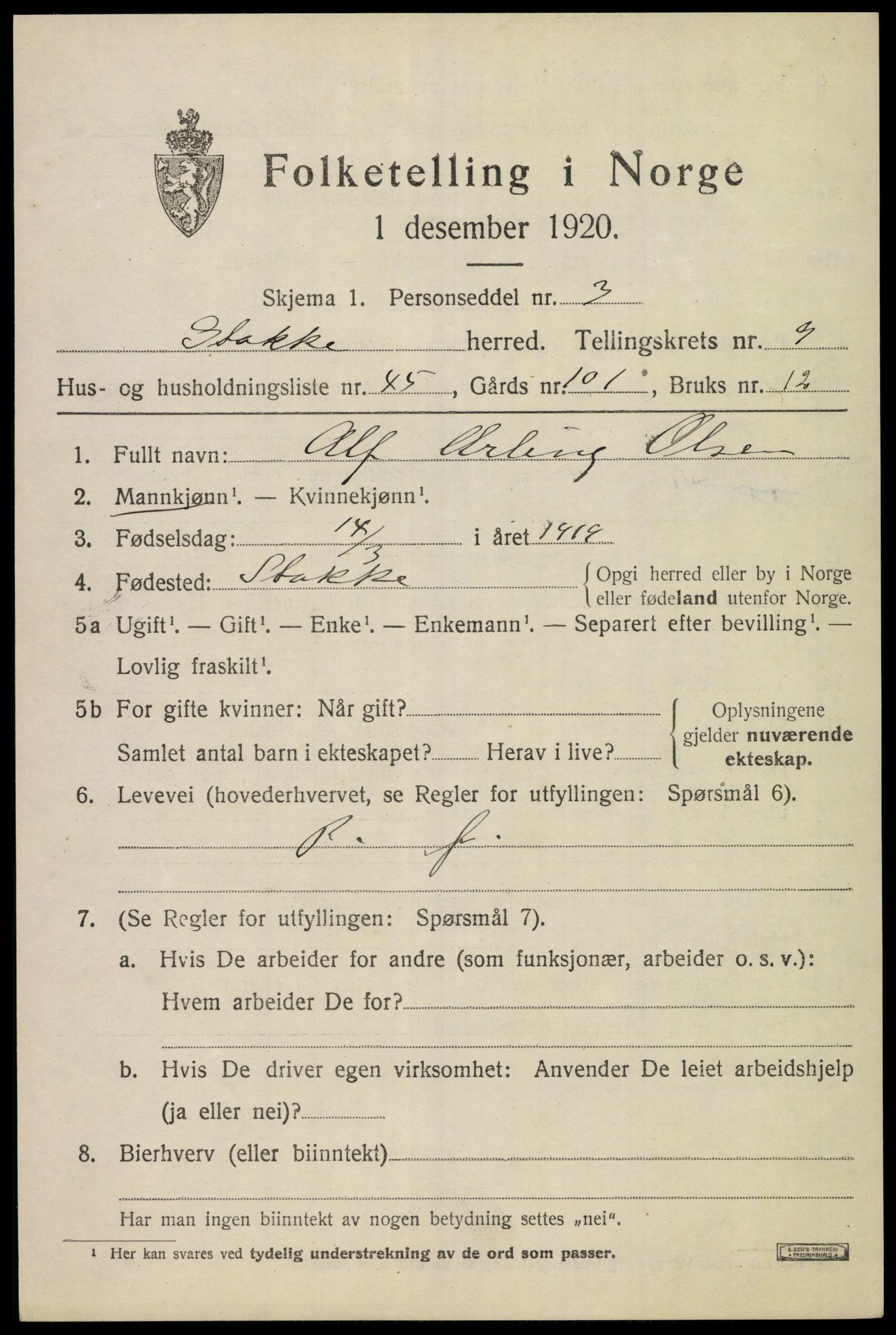 SAKO, 1920 census for Stokke, 1920, p. 10910