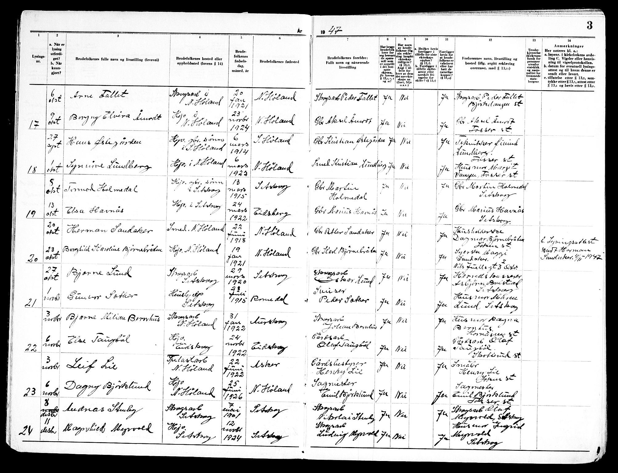 Høland prestekontor Kirkebøker, SAO/A-10346a/H/Ha/L0002: Banns register no. I 2, 1947-1969, p. 3