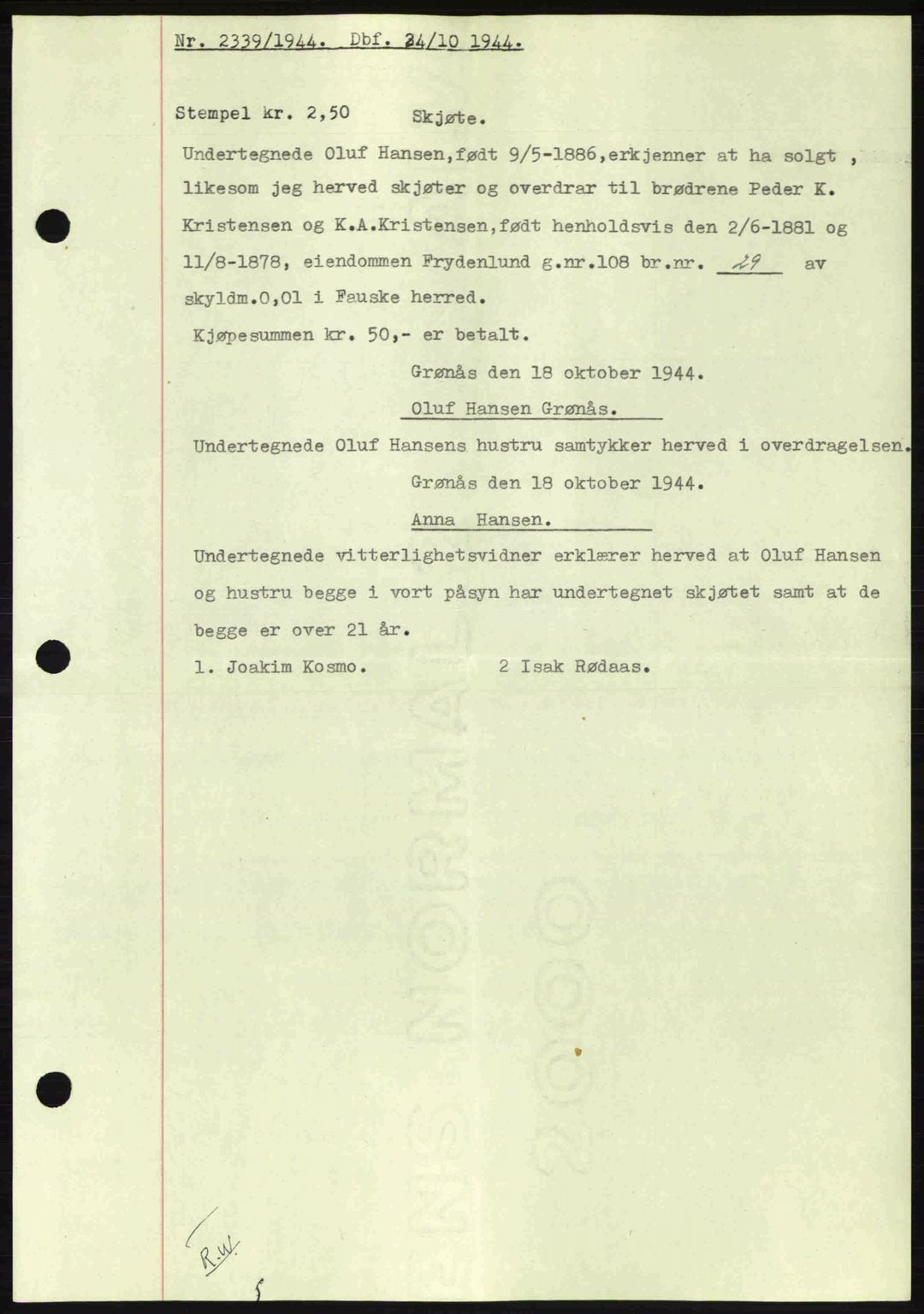 Salten sorenskriveri, AV/SAT-A-4578/1/2/2C: Mortgage book no. A14-15, 1943-1945, Diary no: : 2339/1944