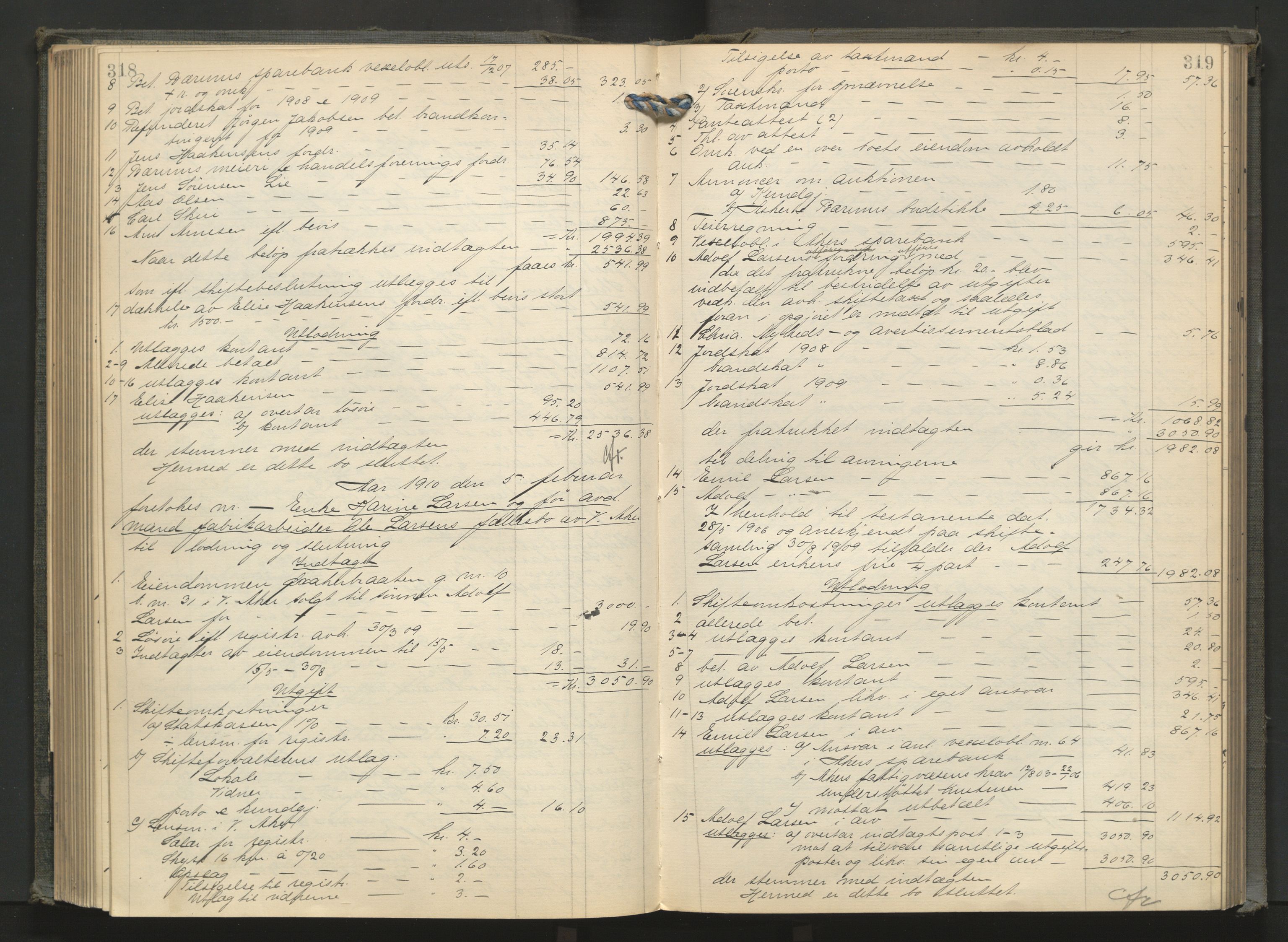 Aker kriminaldommer, skifte- og auksjonsforvalterembete, AV/SAO-A-10452/H/He/L0003: Utlodningsprotokoll, 1907-1911, p. 318-319
