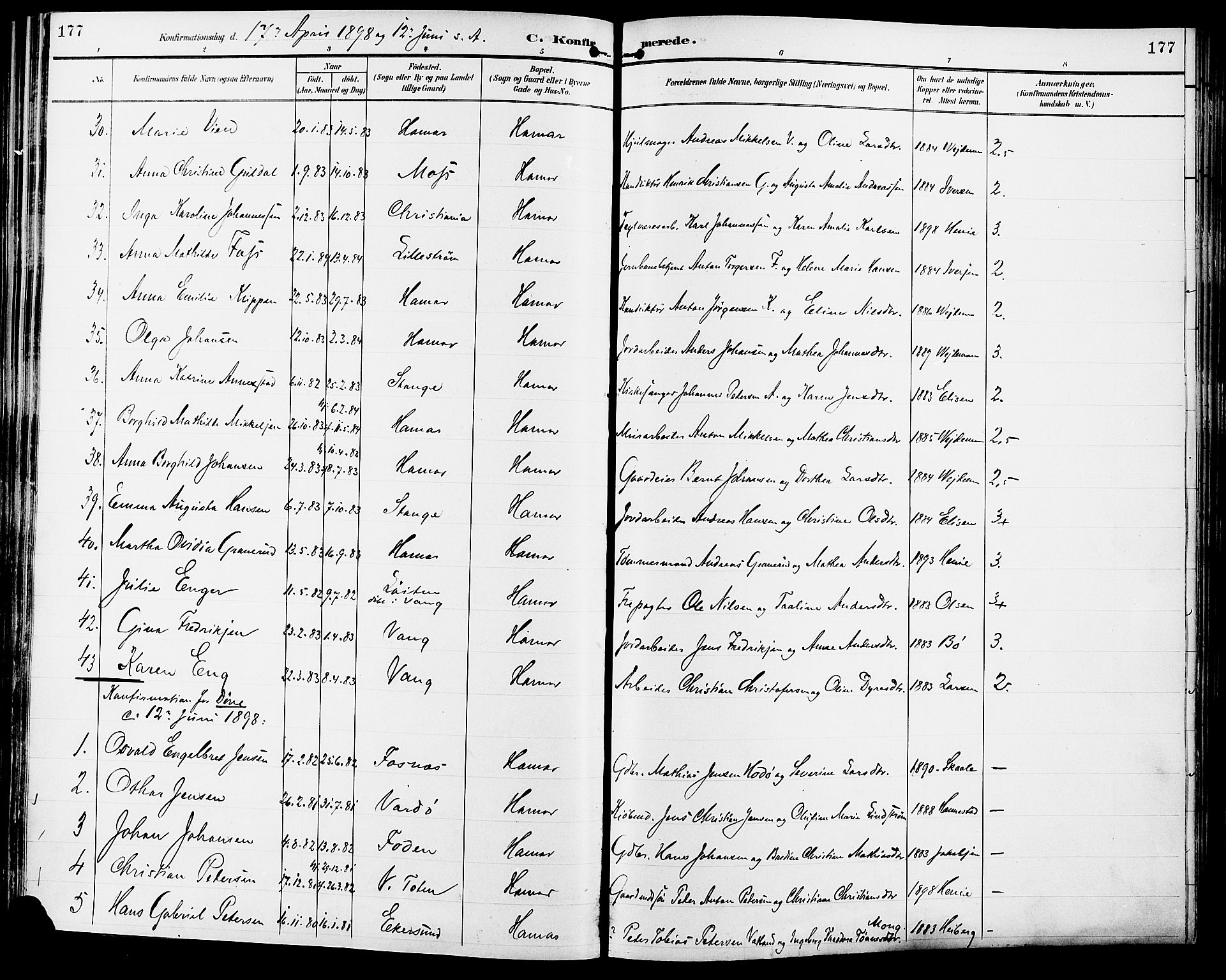 Vang prestekontor, Hedmark, SAH/PREST-008/H/Ha/Haa/L0017: Parish register (official) no. 17, 1890-1899, p. 177