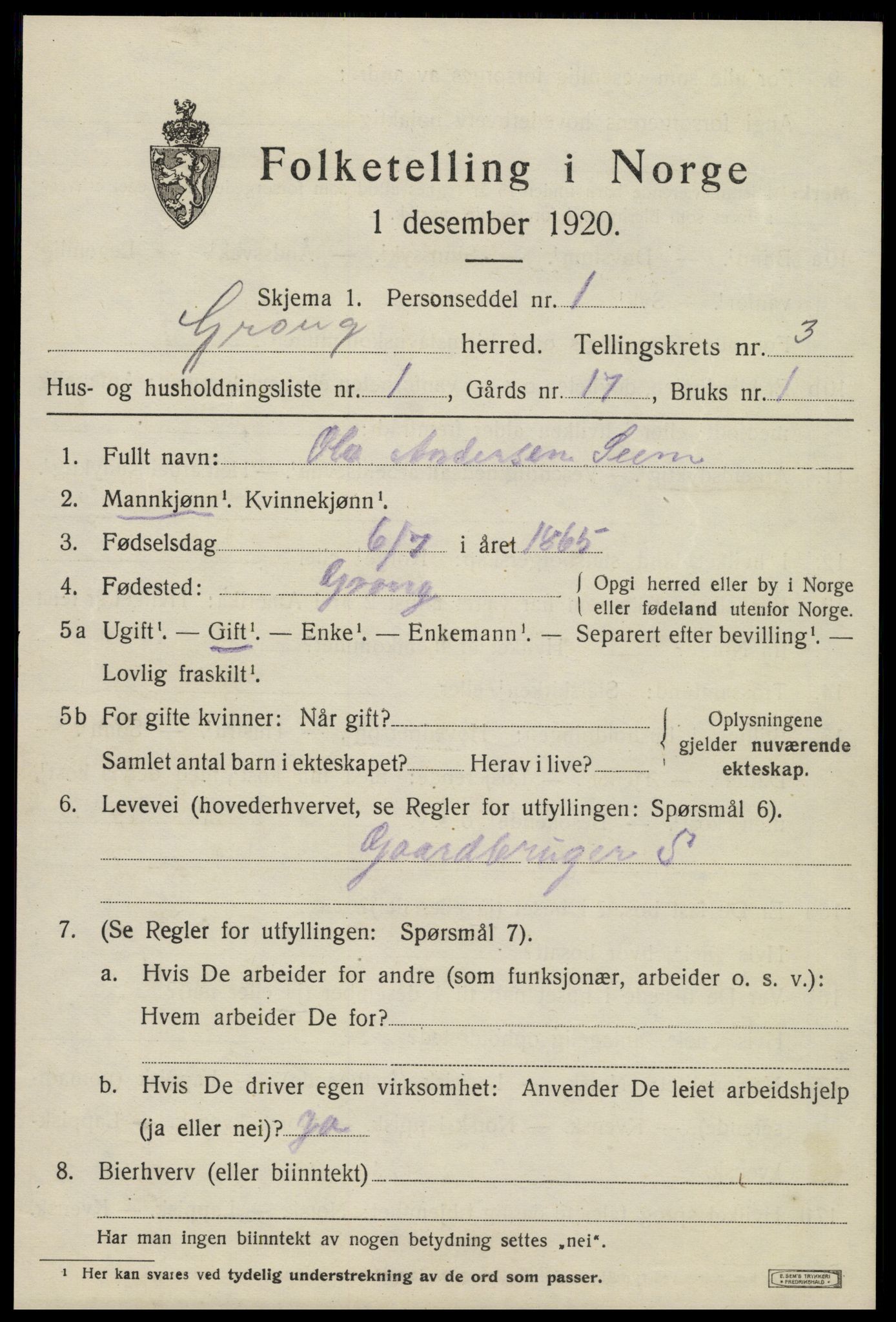 SAT, 1920 census for Grong, 1920, p. 2191