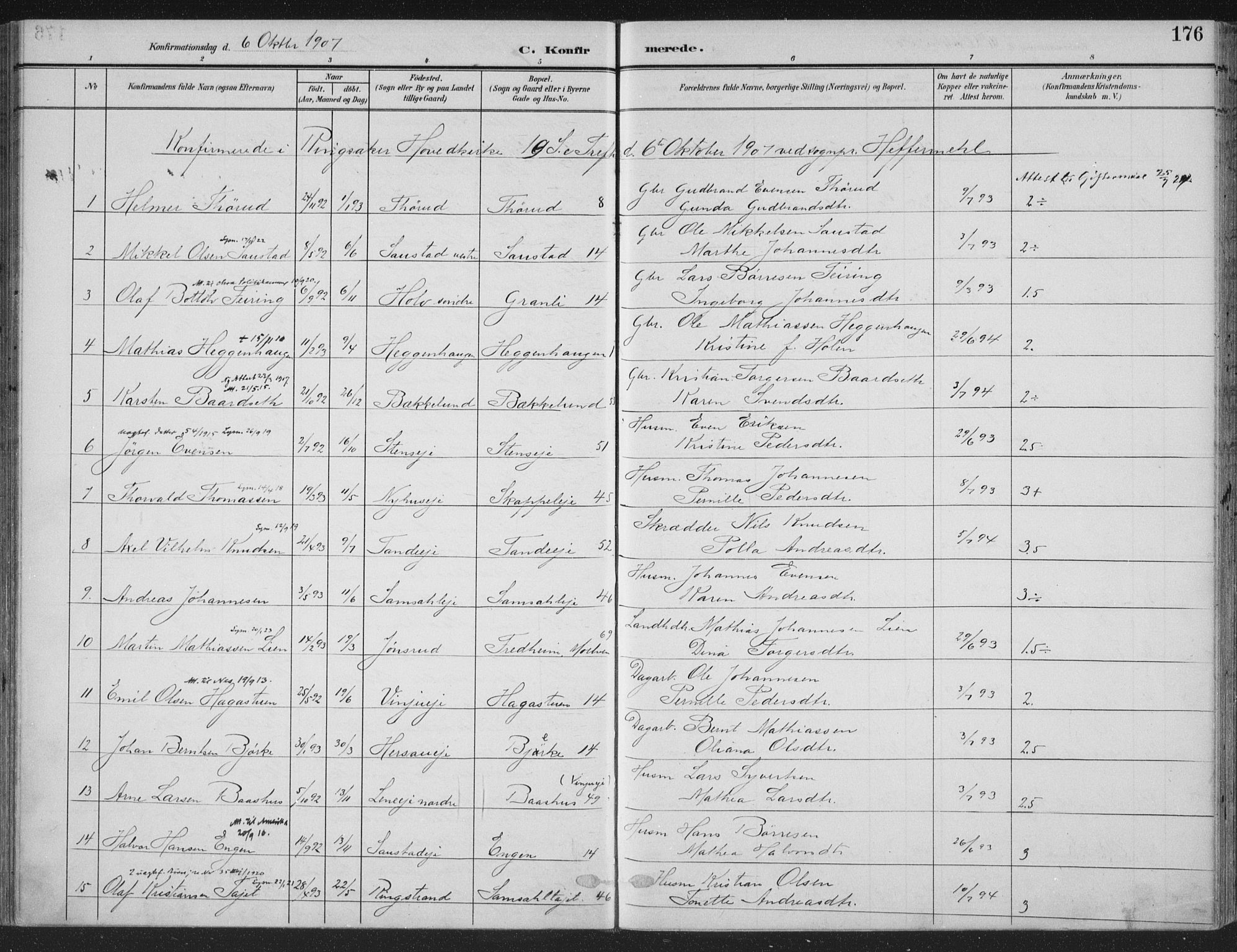 Ringsaker prestekontor, SAH/PREST-014/K/Ka/L0018: Parish register (official) no. 18, 1903-1912, p. 176