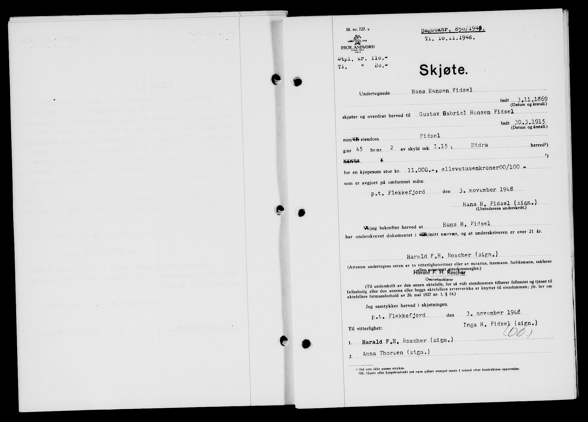 Flekkefjord sorenskriveri, SAK/1221-0001/G/Gb/Gba/L0064: Mortgage book no. A-12, 1948-1949, Diary no: : 850/1948