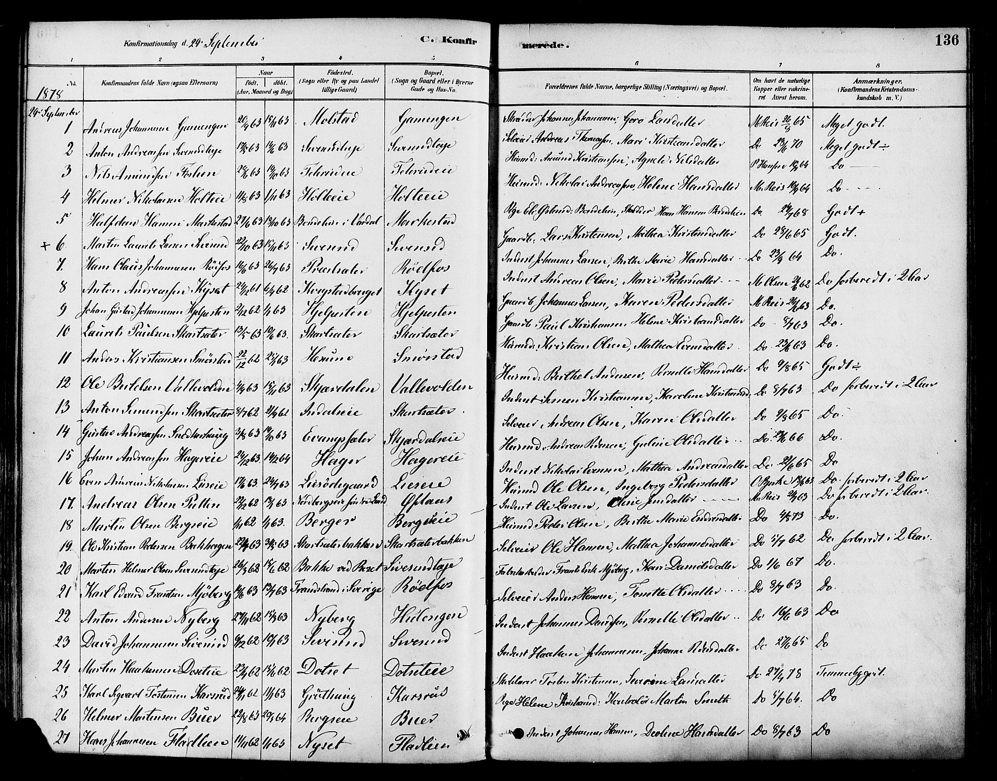 Vestre Toten prestekontor, AV/SAH-PREST-108/H/Ha/Haa/L0009: Parish register (official) no. 9, 1878-1894, p. 136