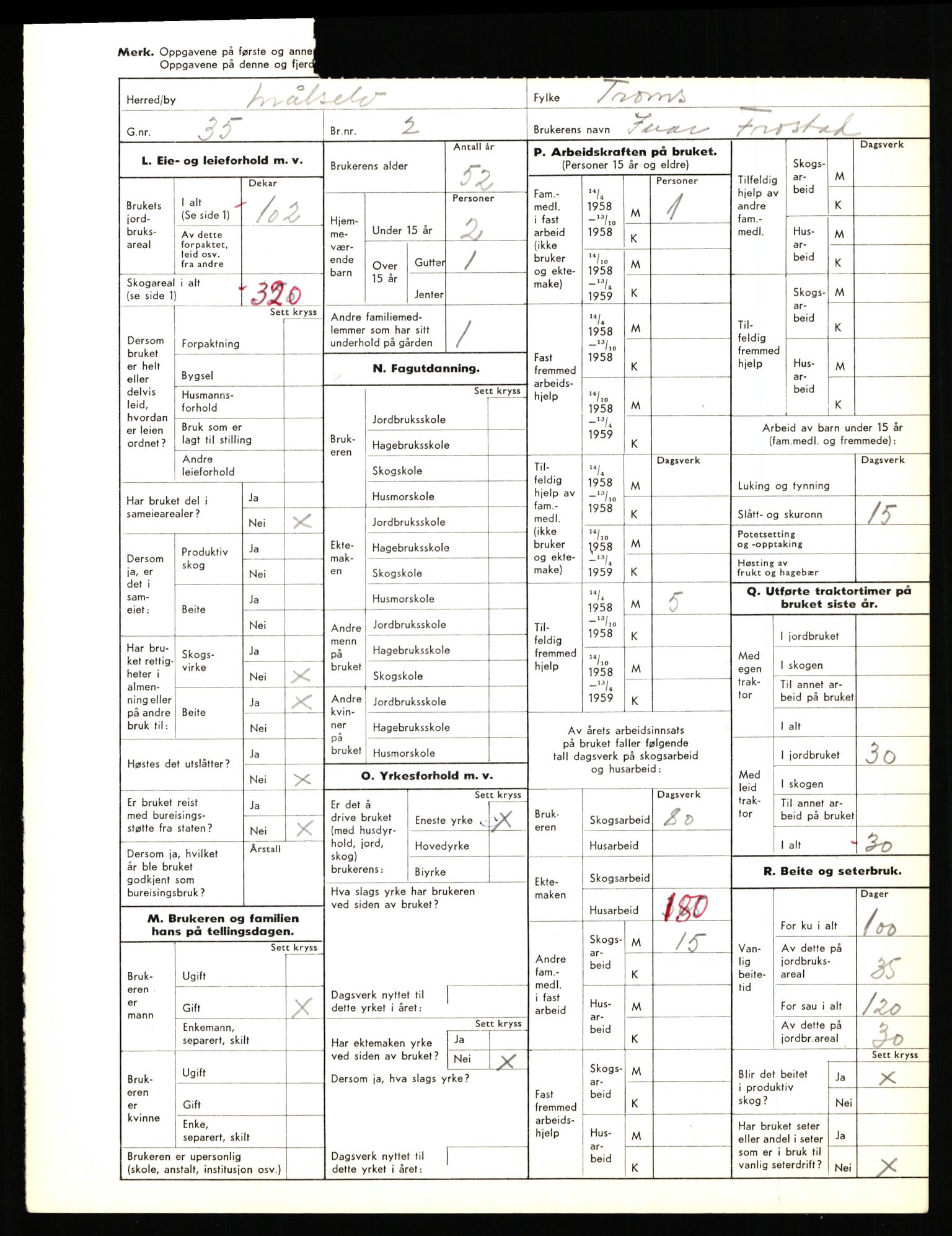 Statistisk sentralbyrå, Næringsøkonomiske emner, Jordbruk, skogbruk, jakt, fiske og fangst, AV/RA-S-2234/G/Gd/L0655: Troms: 1924 Målselv (kl. 4-10), 1959, p. 2203