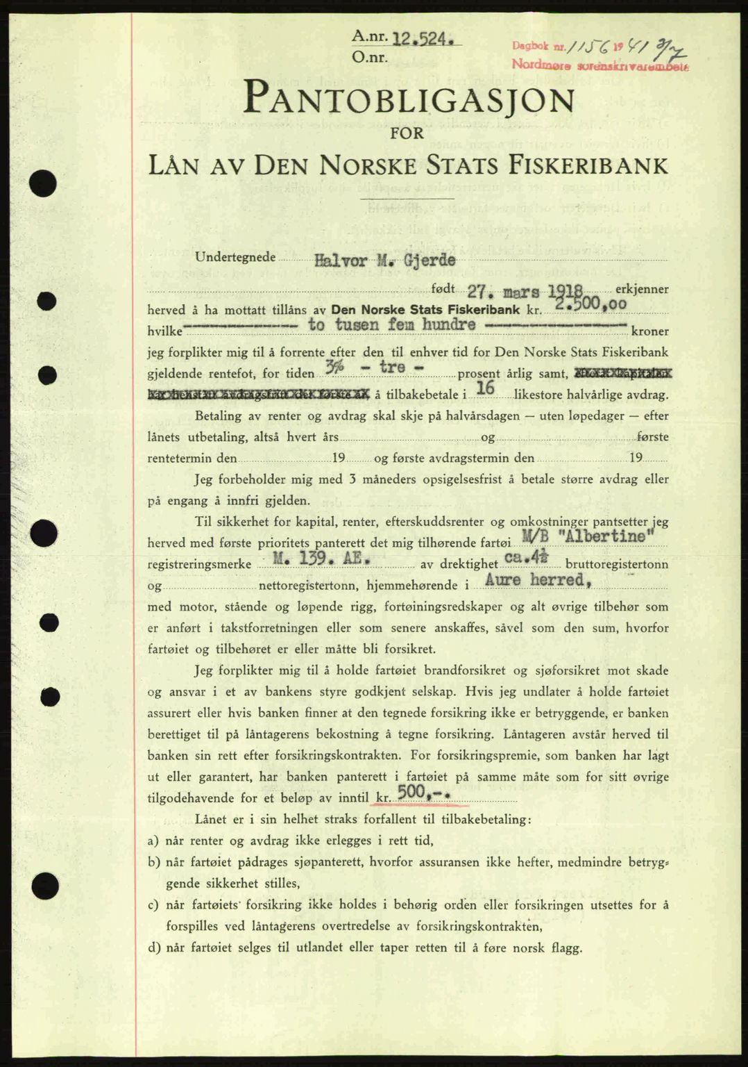 Nordmøre sorenskriveri, AV/SAT-A-4132/1/2/2Ca: Mortgage book no. B88, 1941-1942, Diary no: : 1156/1941