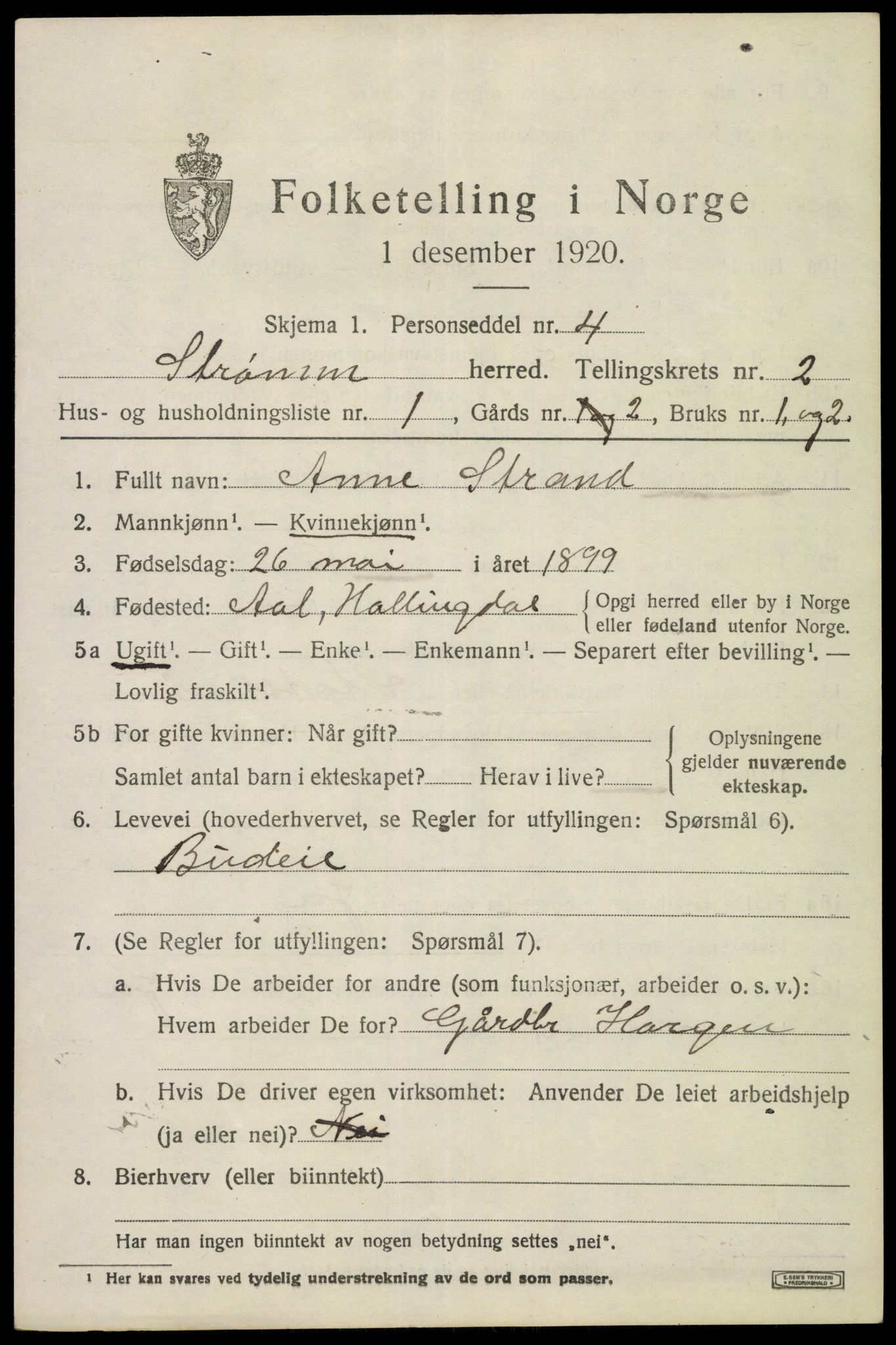 SAKO, 1920 census for Strømm, 1920, p. 1583