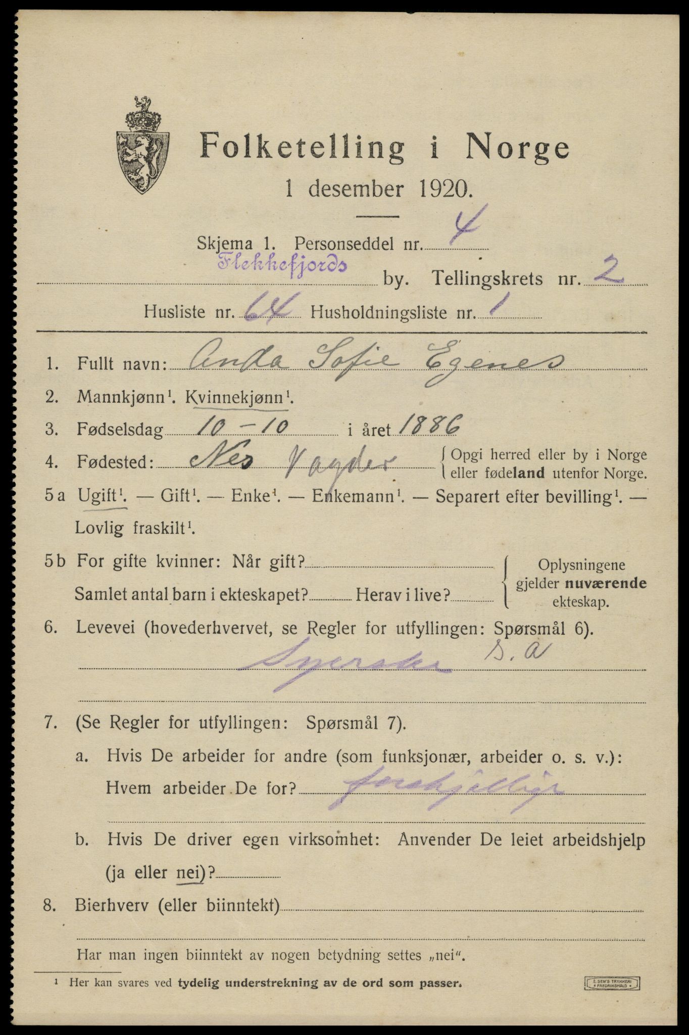 SAK, 1920 census for Flekkefjord, 1920, p. 3260
