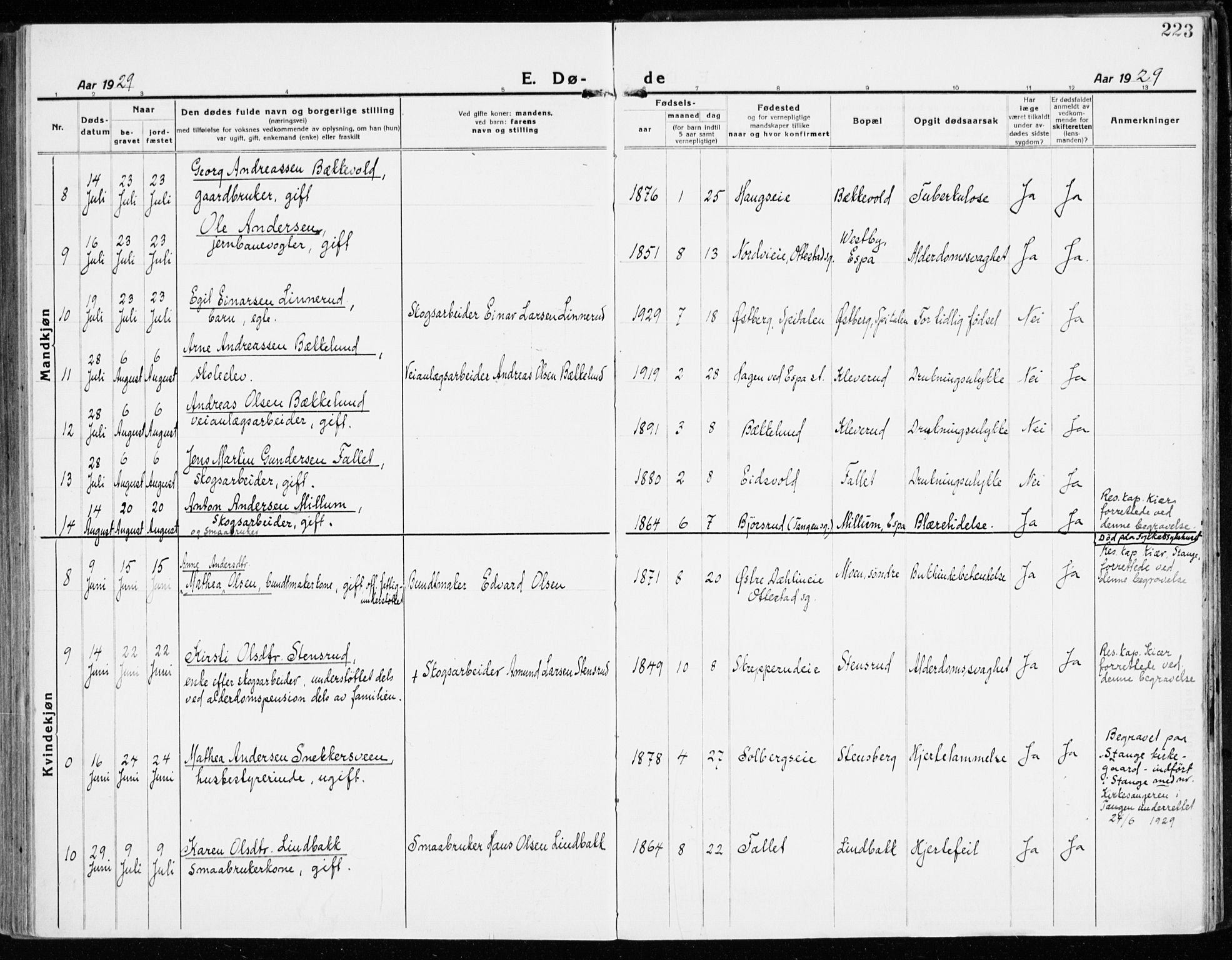 Stange prestekontor, AV/SAH-PREST-002/K/L0025: Parish register (official) no. 25, 1921-1945, p. 223