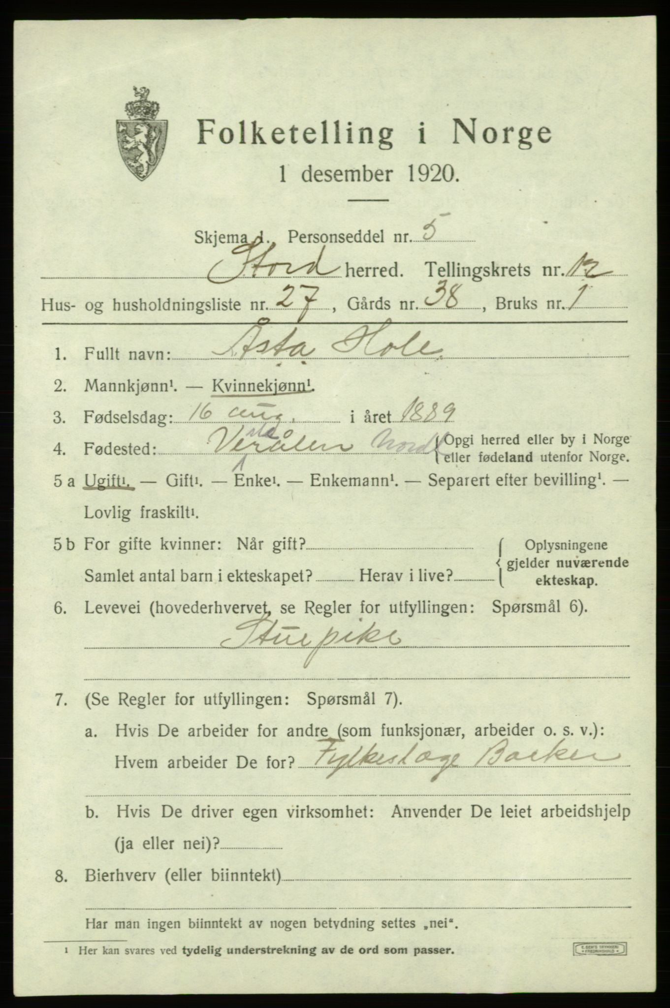 SAB, 1920 census for Stord, 1920, p. 7379