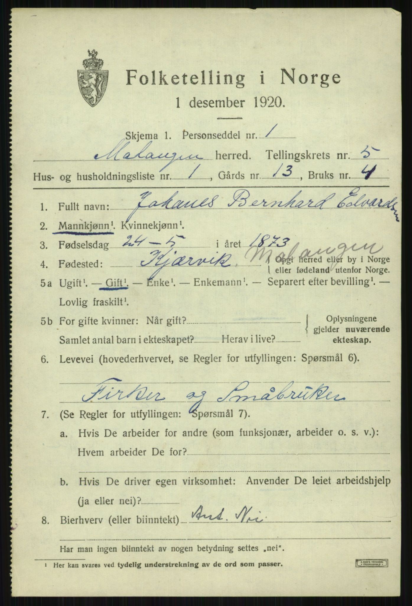 SATØ, 1920 census for Malangen, 1920, p. 1892