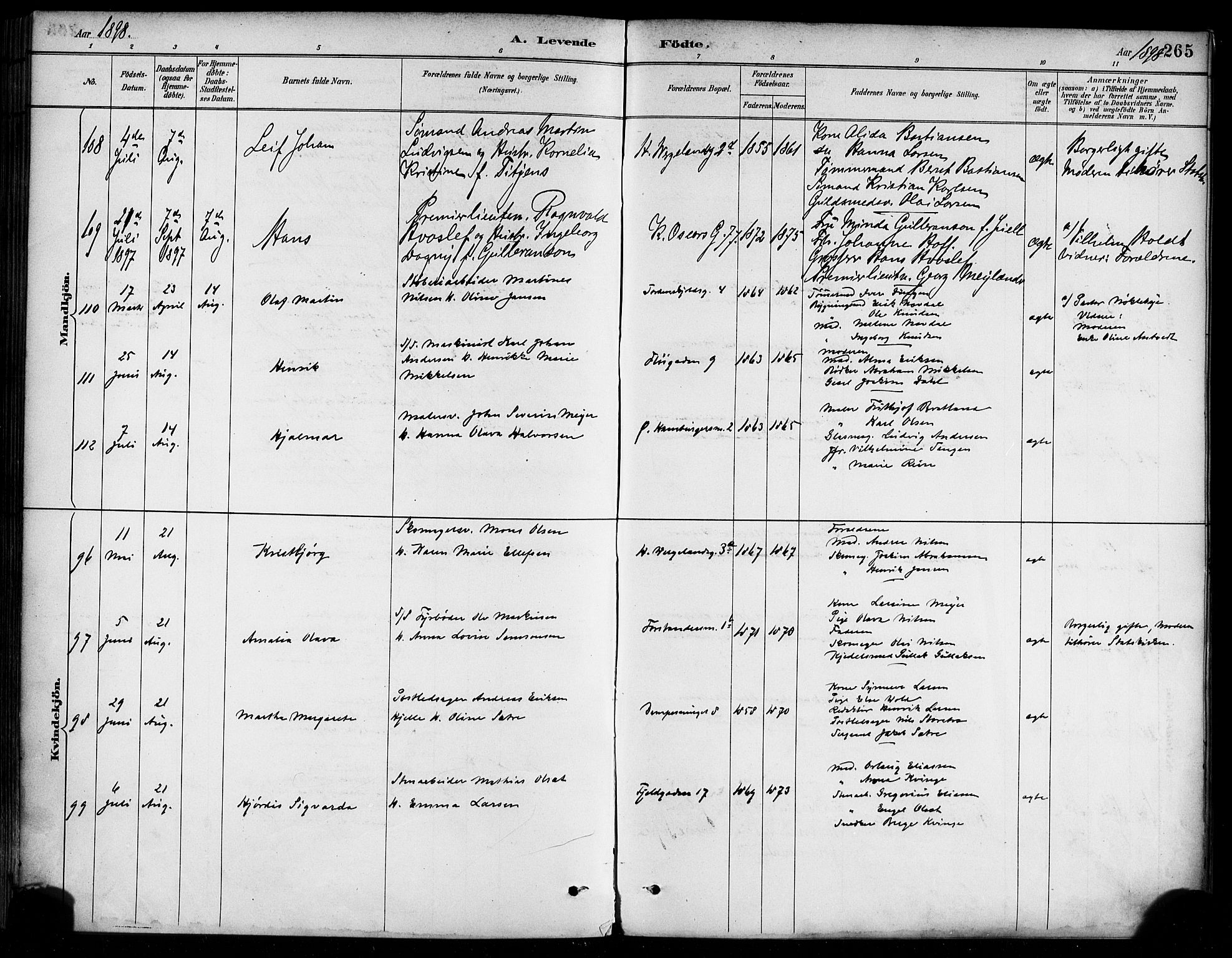 Korskirken sokneprestembete, SAB/A-76101/H/Haa/L0022: Parish register (official) no. B 8, 1889-1899, p. 265