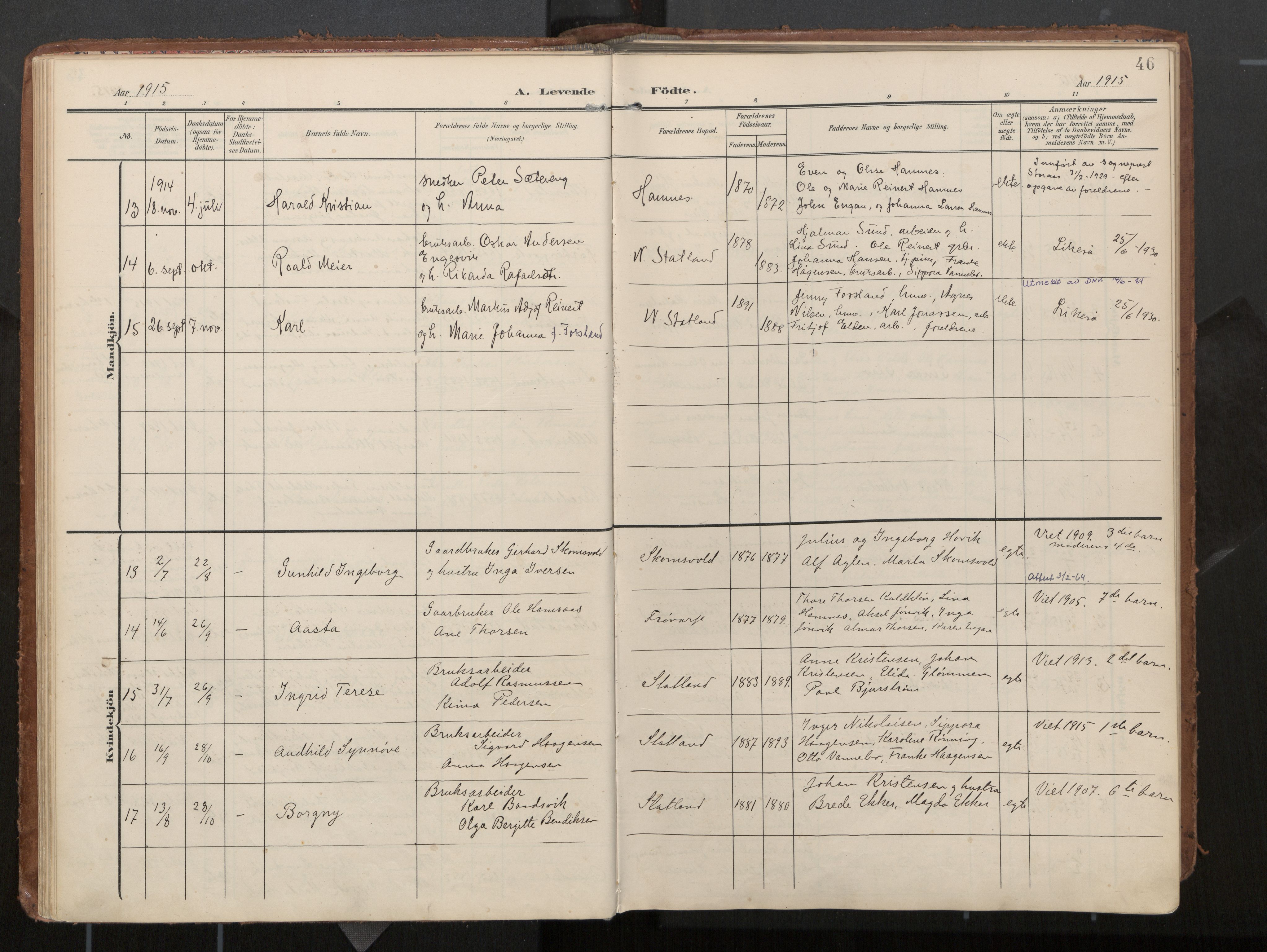 Ministerialprotokoller, klokkerbøker og fødselsregistre - Nord-Trøndelag, SAT/A-1458/774/L0629: Parish register (official), 1904-1926, p. 46