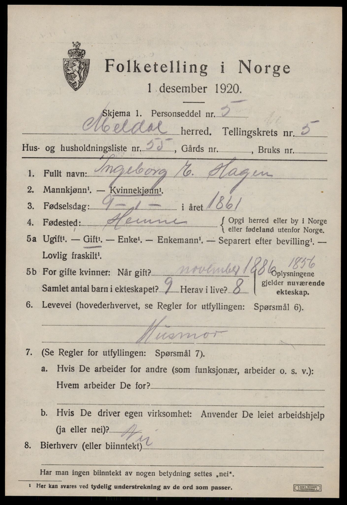 SAT, 1920 census for Meldal, 1920, p. 5719