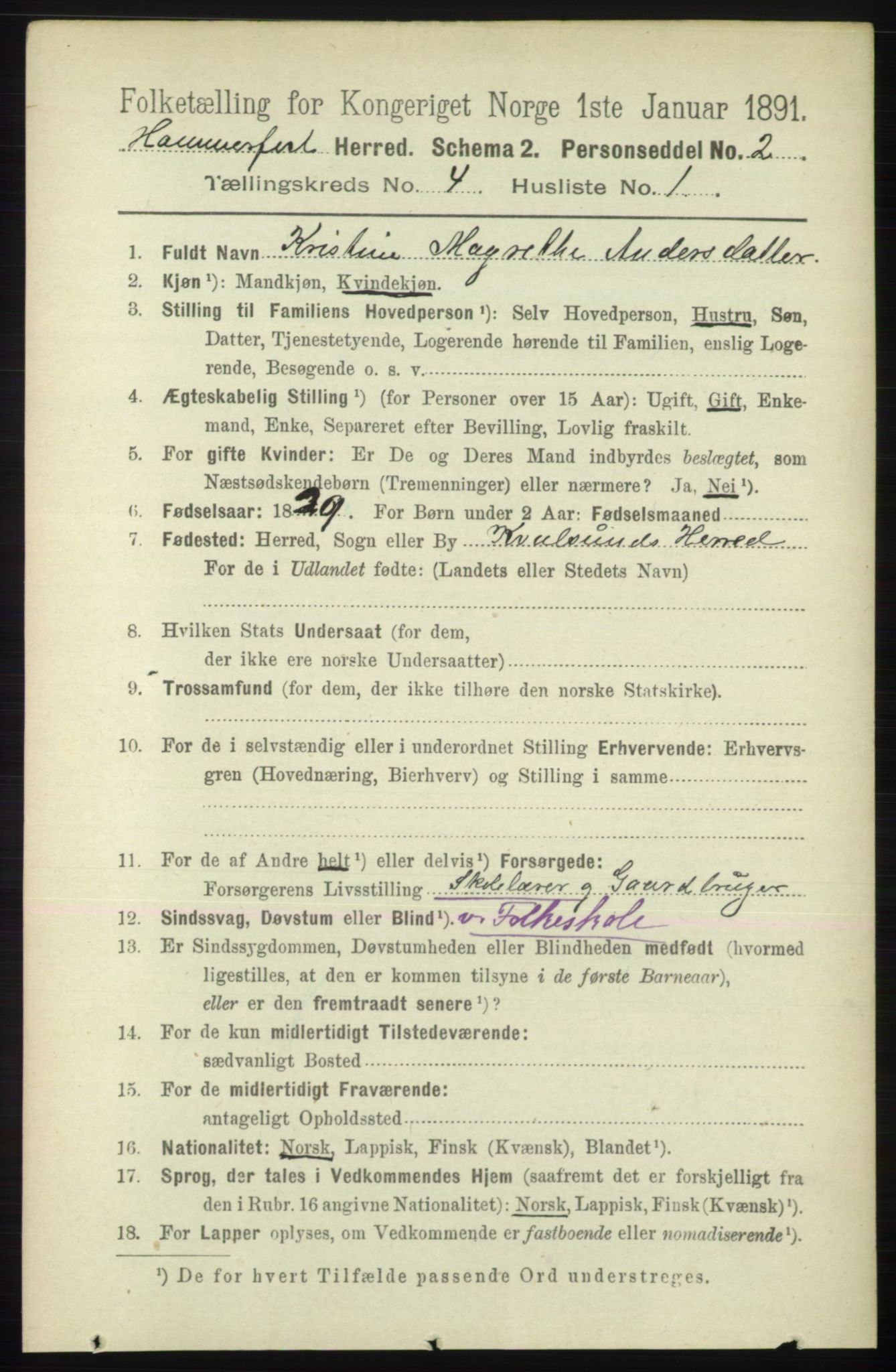 RA, 1891 census for 2016 Hammerfest, 1891, p. 1105