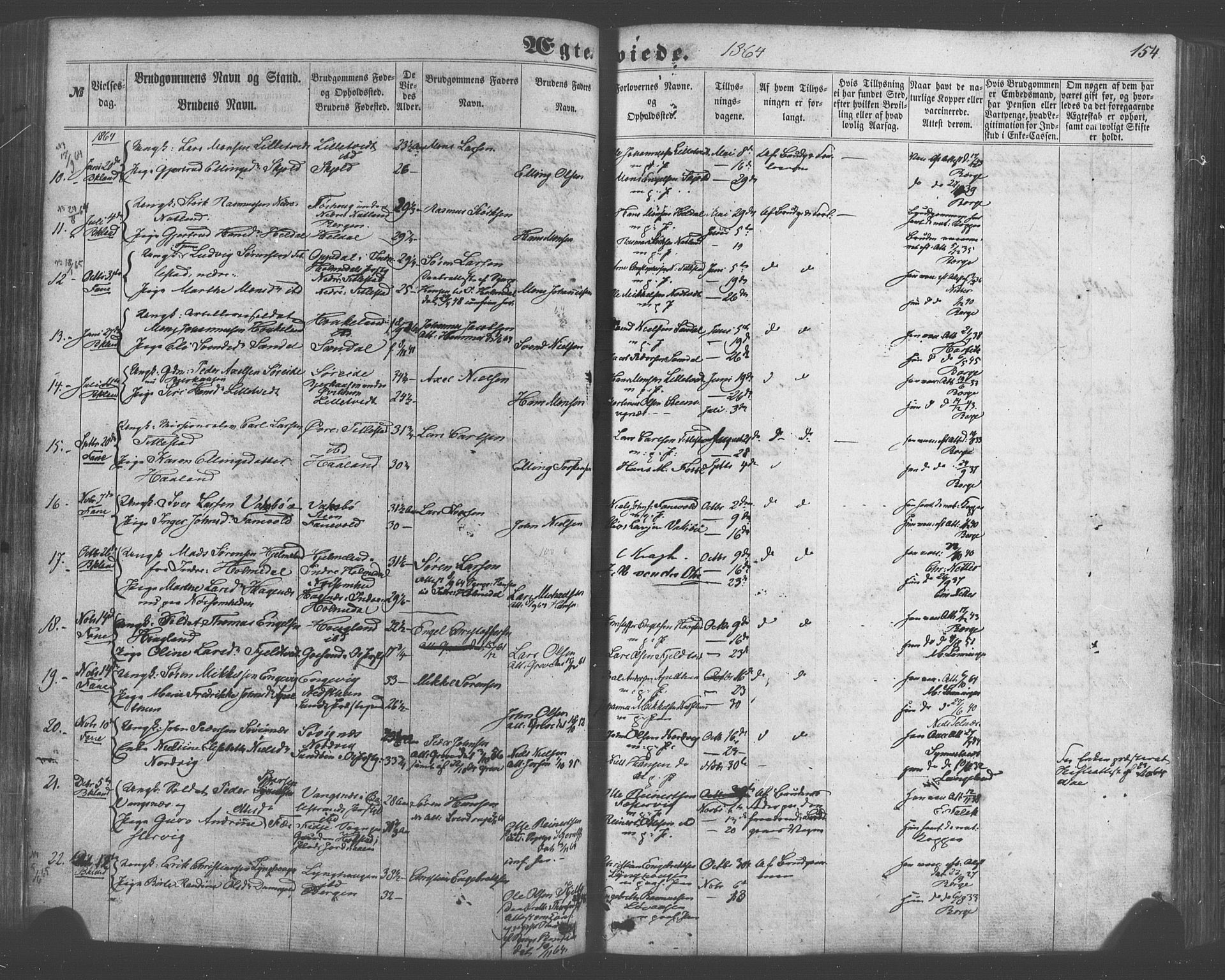 Fana Sokneprestembete, SAB/A-75101/H/Haa/Haaa/L0012: Parish register (official) no. A 12, 1862-1878, p. 154