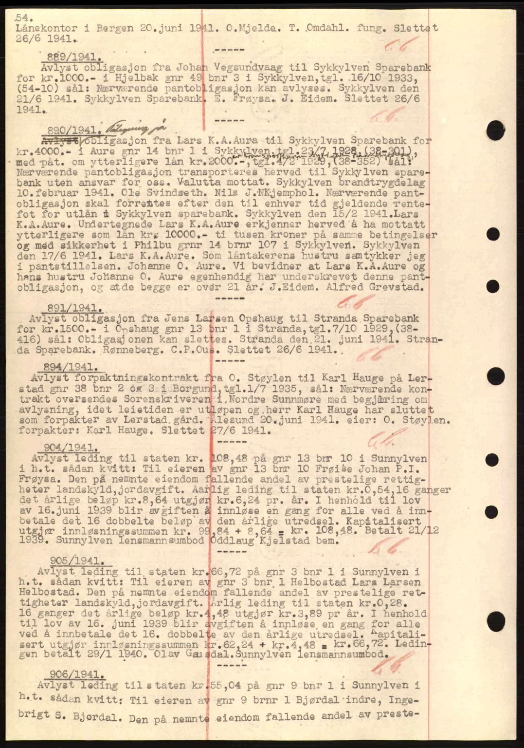 Nordre Sunnmøre sorenskriveri, SAT/A-0006/1/2/2C/2Ca: Mortgage book no. B1-6, 1938-1942, Diary no: : 889/1941