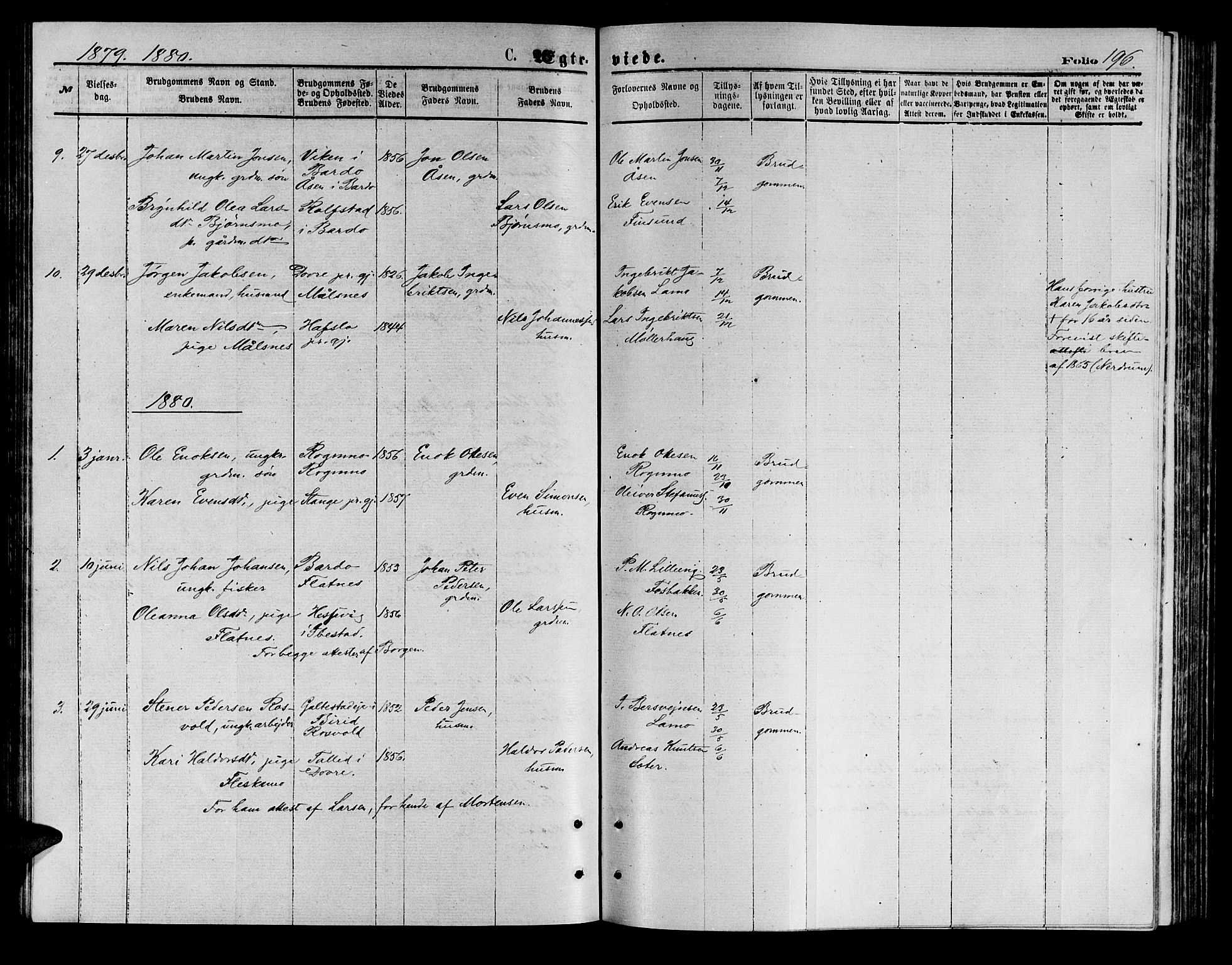 Målselv sokneprestembete, SATØ/S-1311/G/Ga/Gab/L0003klokker: Parish register (copy) no. 3, 1874-1885, p. 196