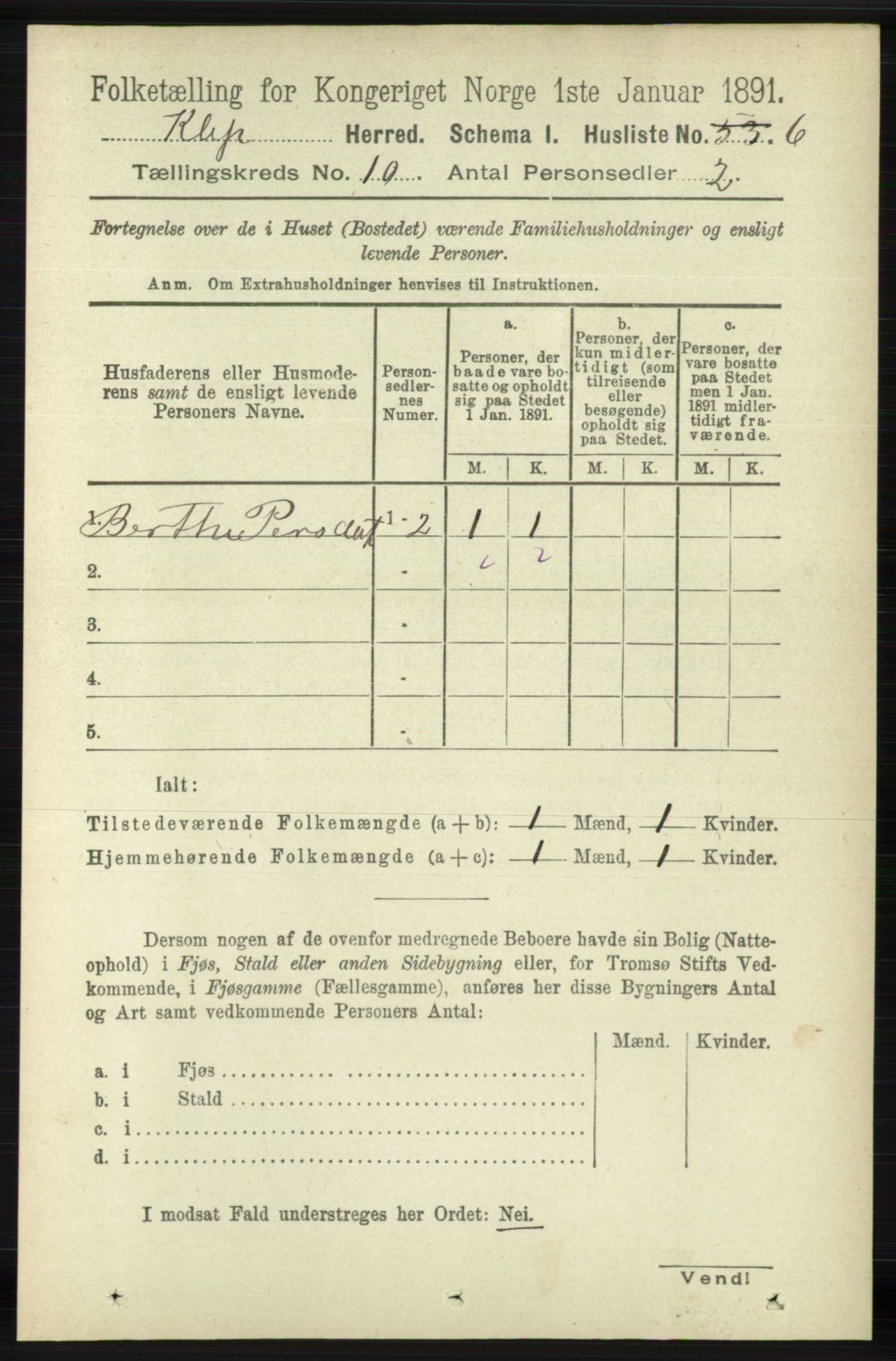 RA, 1891 census for 1120 Klepp, 1891, p. 2824