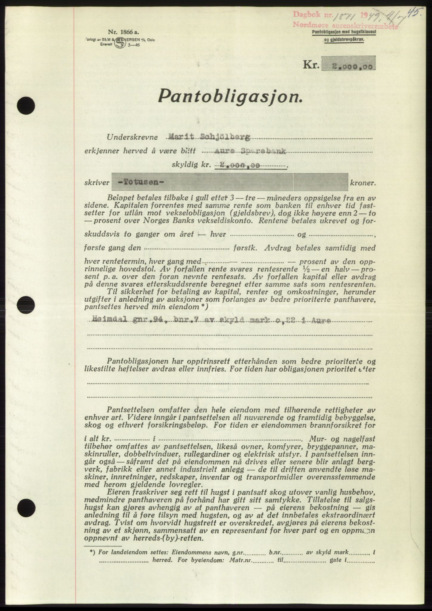 Nordmøre sorenskriveri, AV/SAT-A-4132/1/2/2Ca: Mortgage book no. B102, 1949-1949, Diary no: : 1871/1949