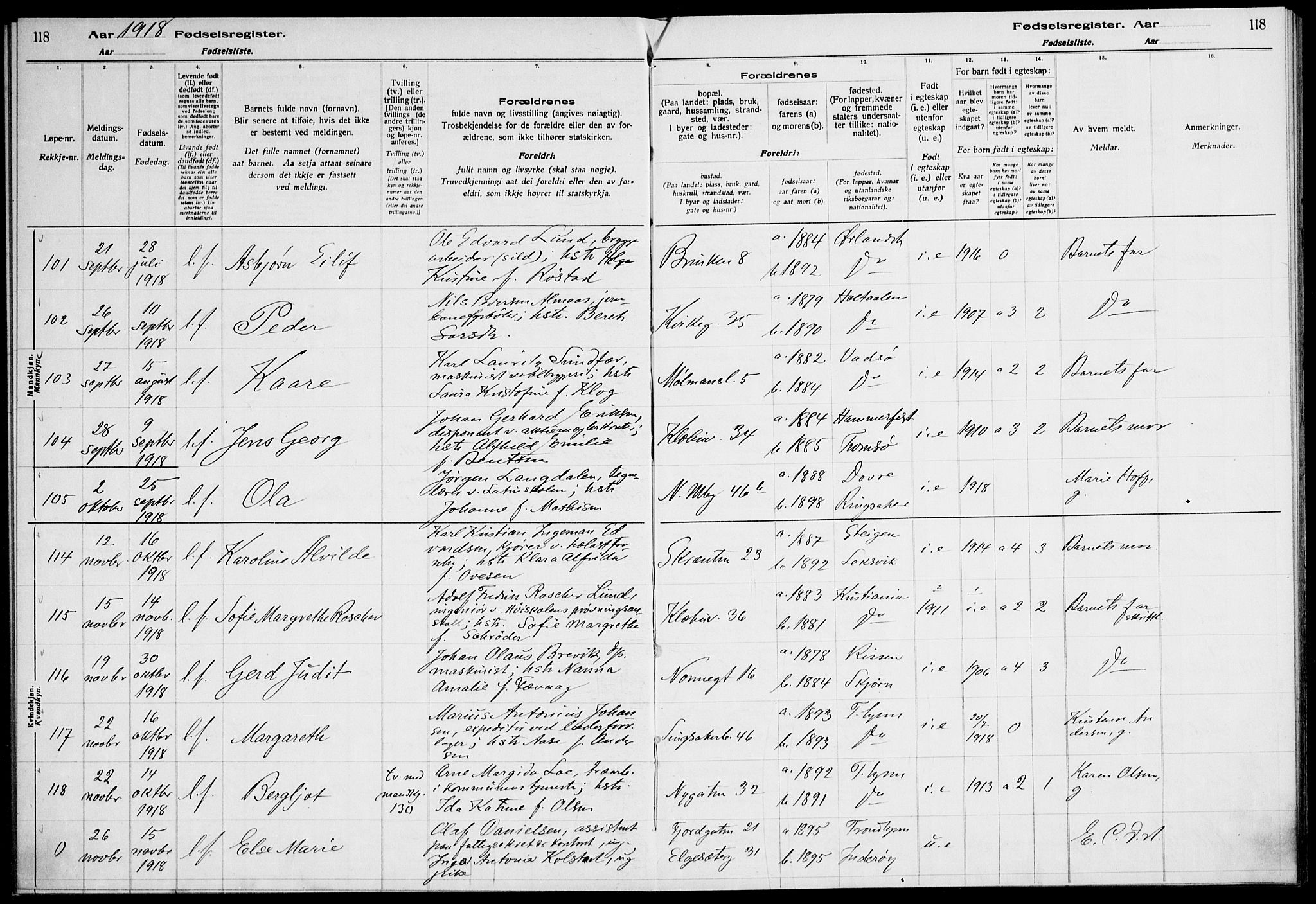 Ministerialprotokoller, klokkerbøker og fødselsregistre - Sør-Trøndelag, AV/SAT-A-1456/604/L0232: Birth register no. 604.II.4.1, 1916-1920, p. 118