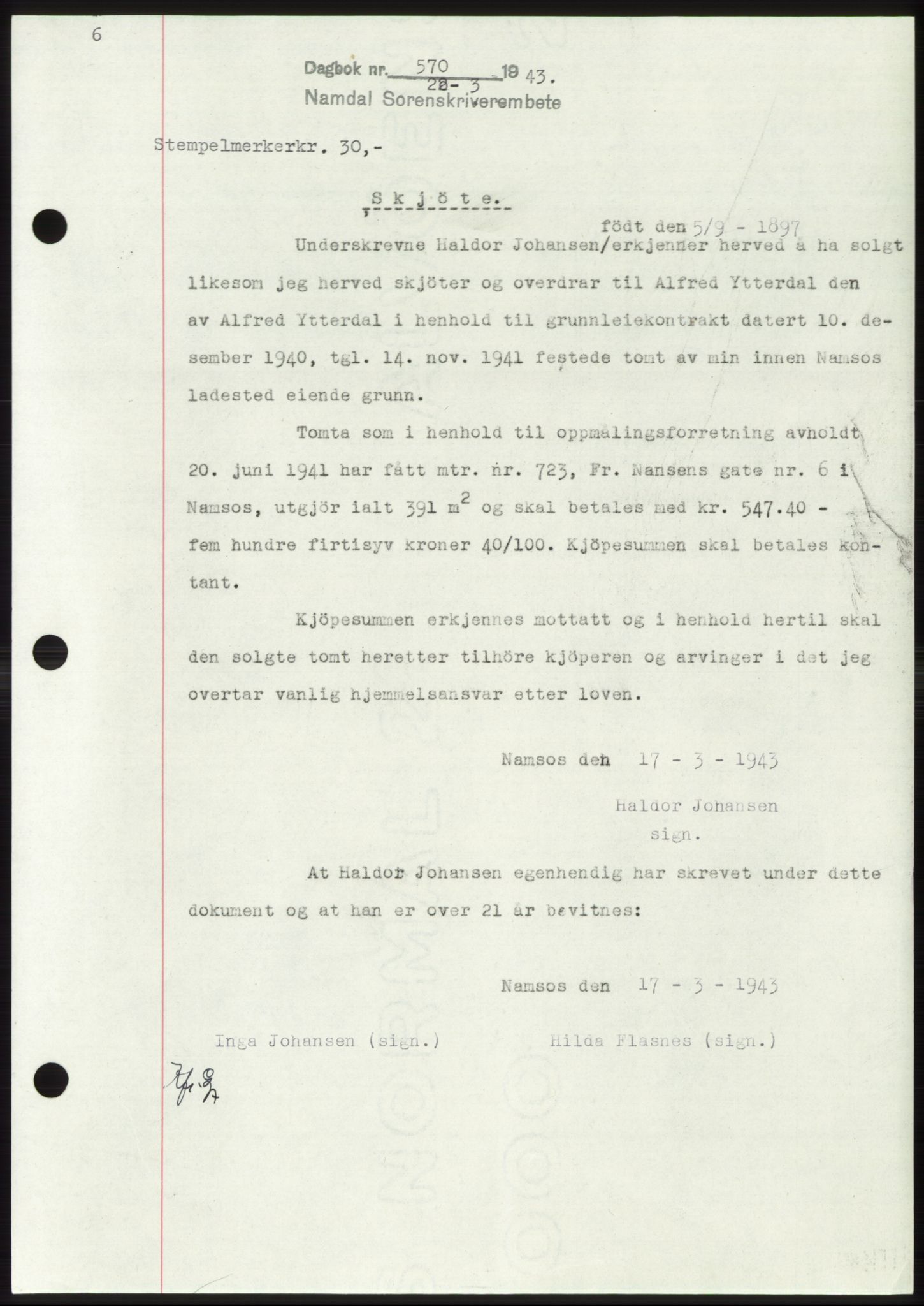 Namdal sorenskriveri, SAT/A-4133/1/2/2C: Mortgage book no. -, 1942-1943, Diary no: : 570/1943
