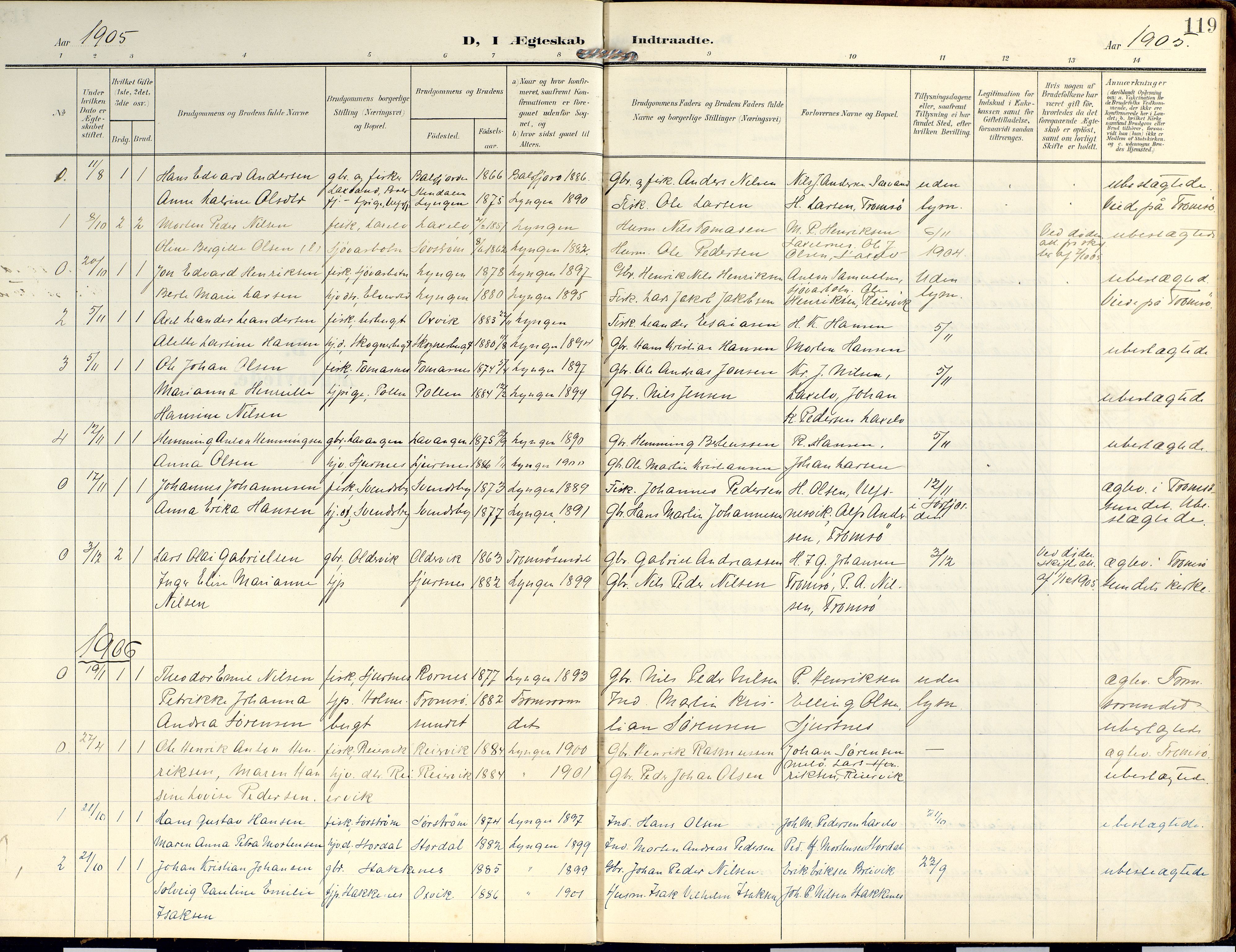 Lyngen sokneprestembete, SATØ/S-1289/H/He/Hea/L0014kirke: Parish register (official) no. 14, 1905-1920, p. 119