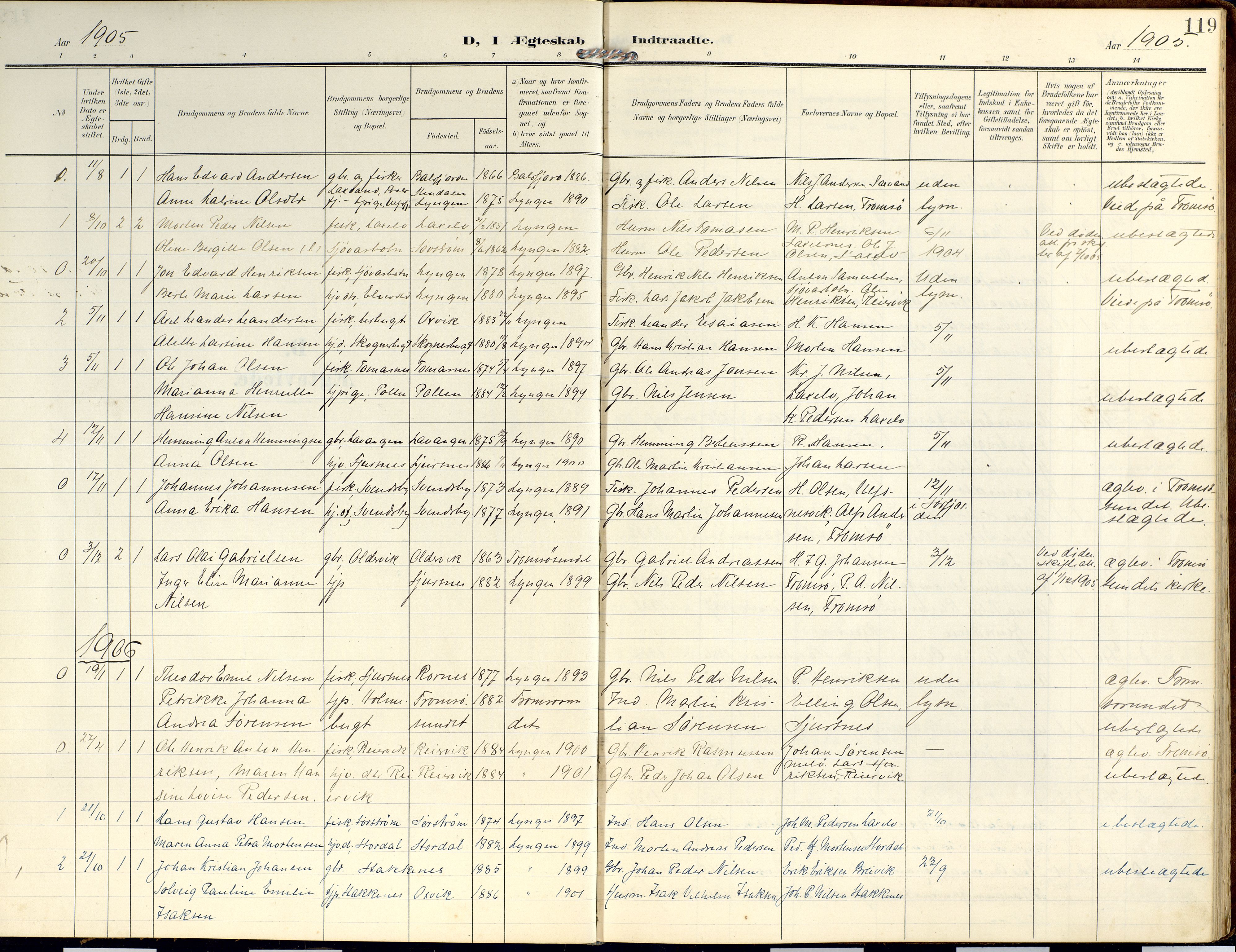 Lyngen sokneprestembete, AV/SATØ-S-1289/H/He/Hea/L0014kirke: Parish register (official) no. 14, 1905-1920, p. 119