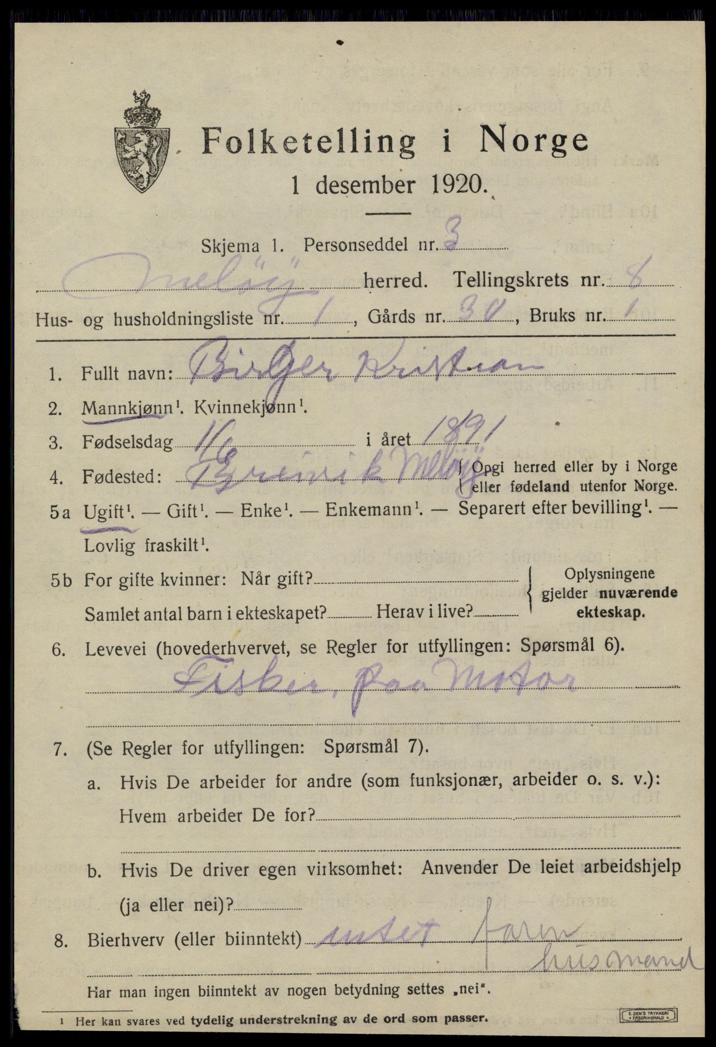 SAT, 1920 census for Meløy, 1920, p. 4119