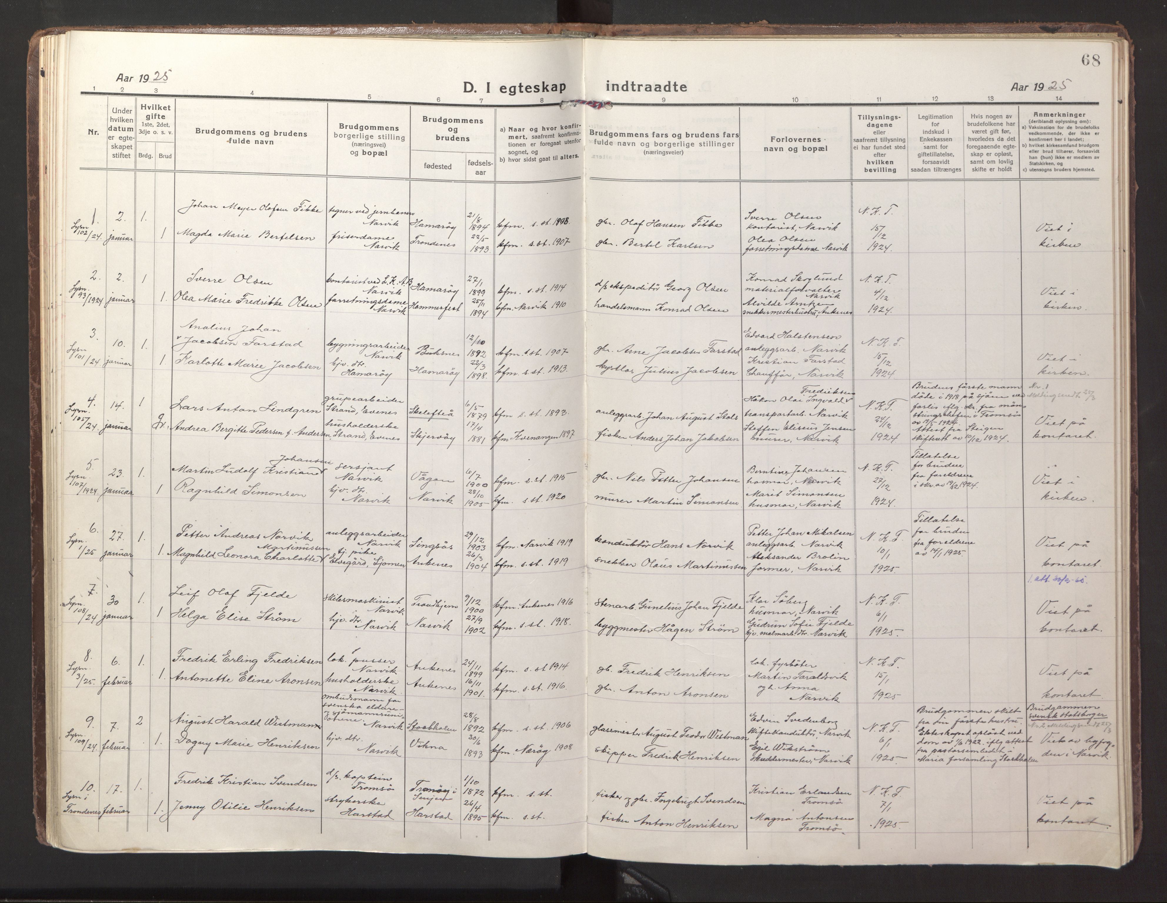 Ministerialprotokoller, klokkerbøker og fødselsregistre - Nordland, AV/SAT-A-1459/871/L1002: Parish register (official) no. 871A18, 1917-1926, p. 68