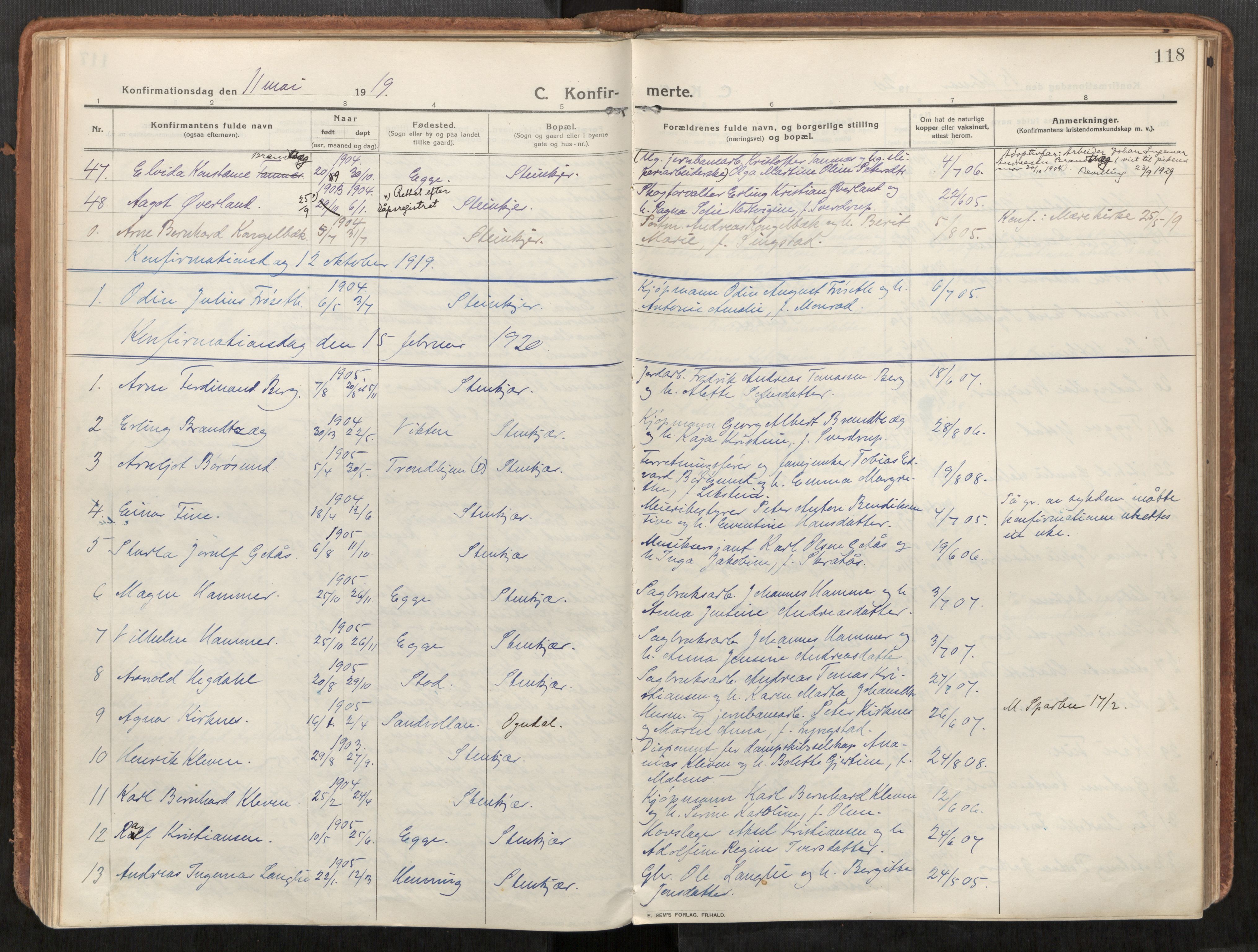 Steinkjer sokneprestkontor, AV/SAT-A-1541/01/H/Ha/Haa/L0003: Parish register (official) no. 3, 1913-1922, p. 118