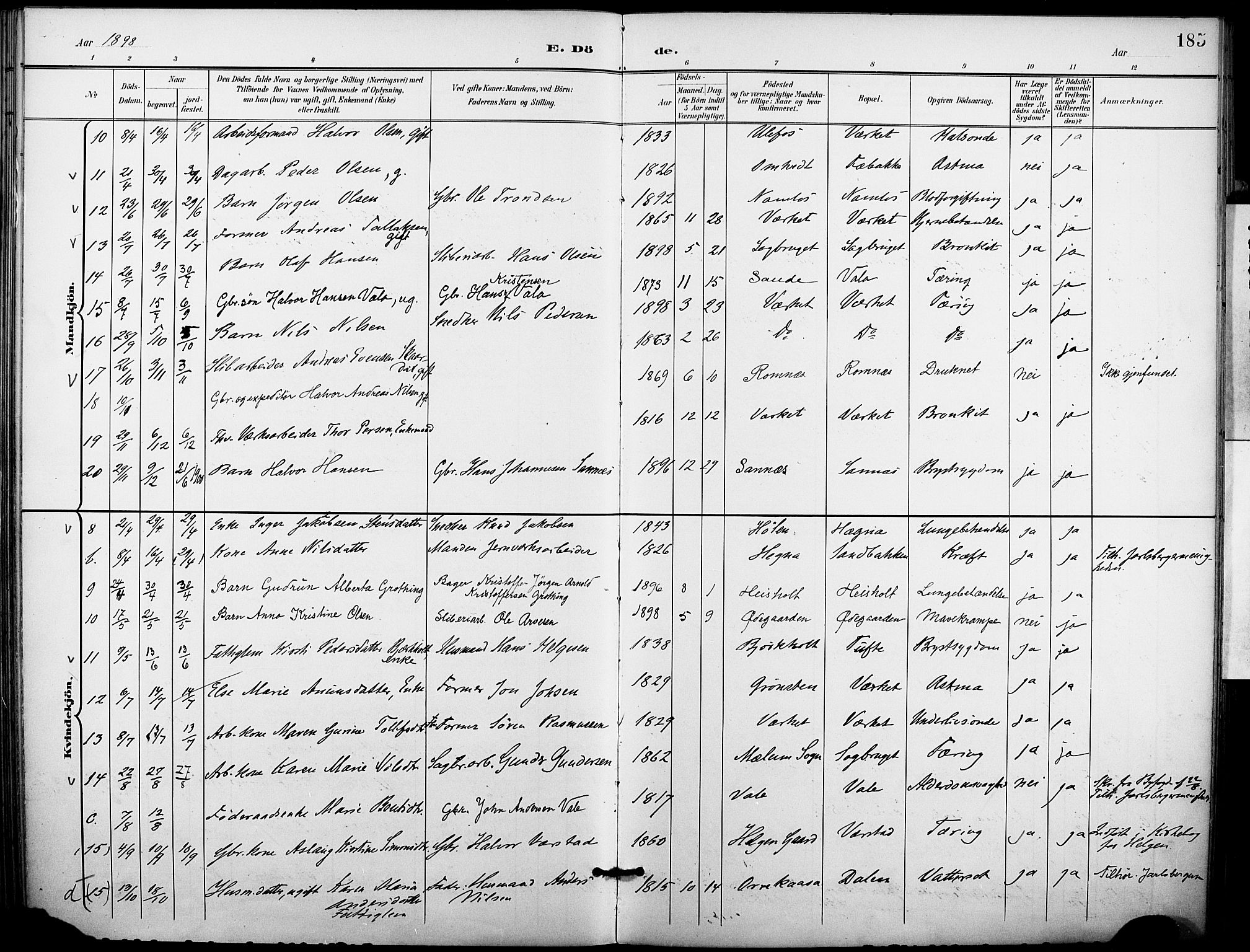 Holla kirkebøker, SAKO/A-272/F/Fa/L0010: Parish register (official) no. 10, 1897-1907, p. 185