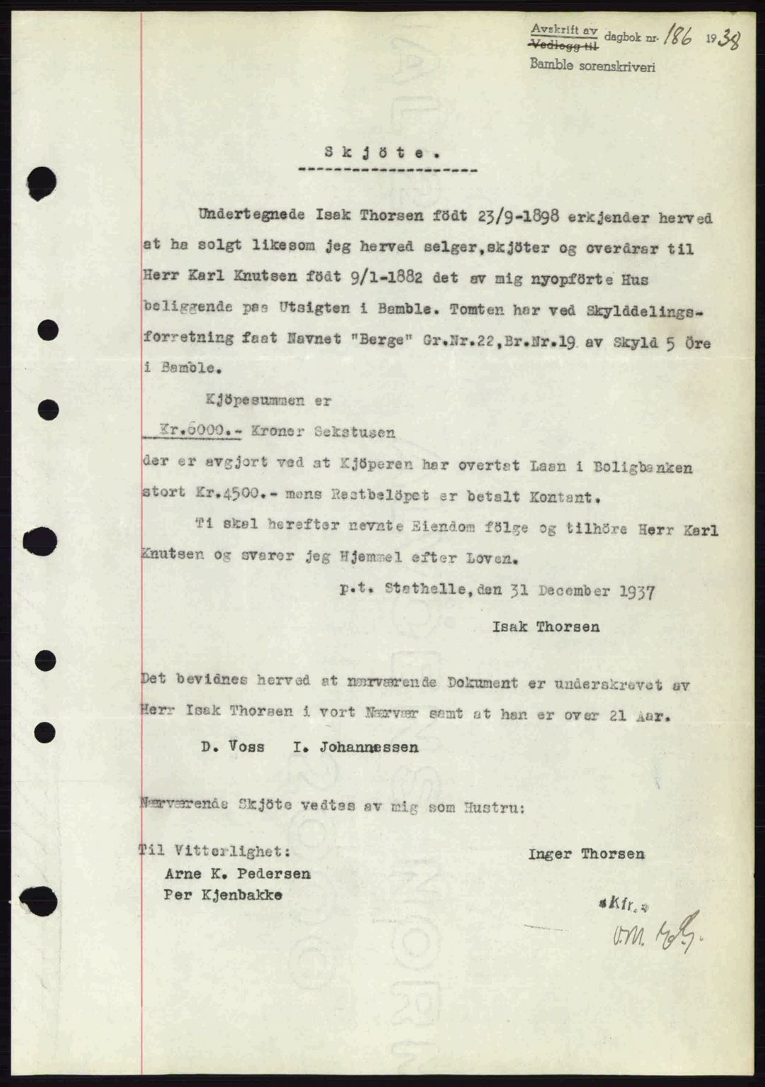 Bamble sorenskriveri, AV/SAKO-A-214/G/Ga/Gag/L0002: Mortgage book no. A-2, 1937-1938, Diary no: : 186/1938