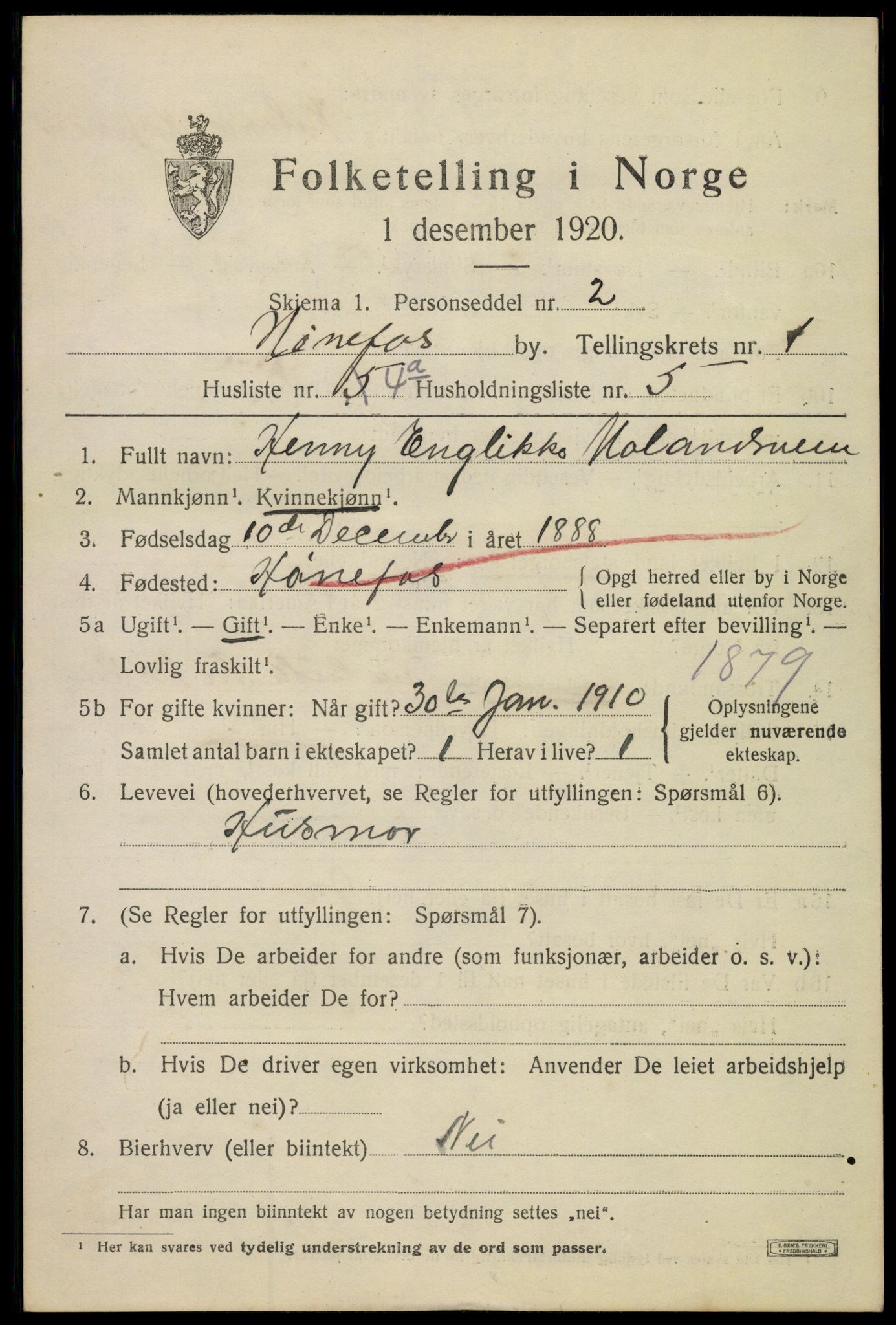 SAKO, 1920 census for Hønefoss, 1920, p. 2442