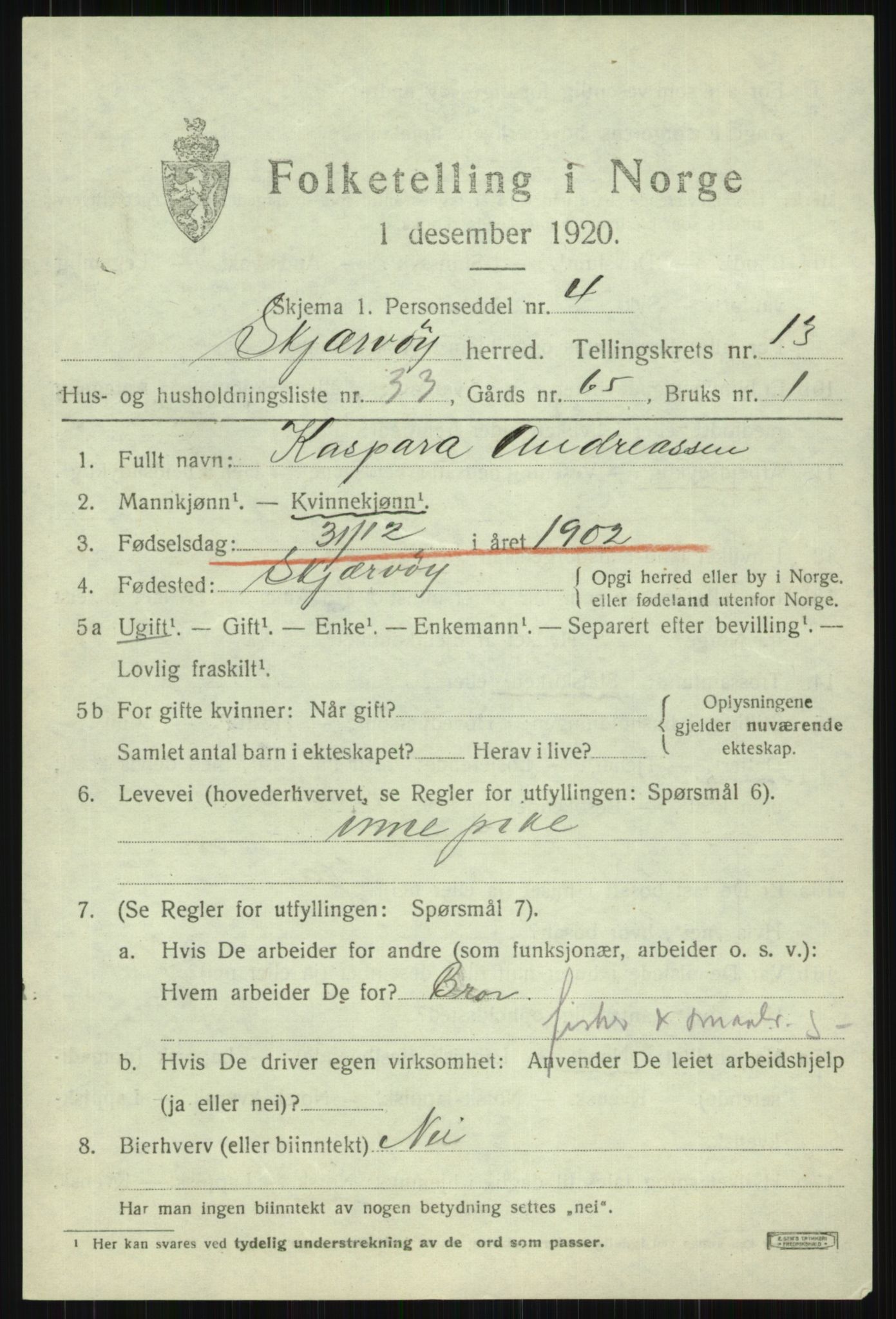 SATØ, 1920 census for Skjervøy, 1920, p. 6803