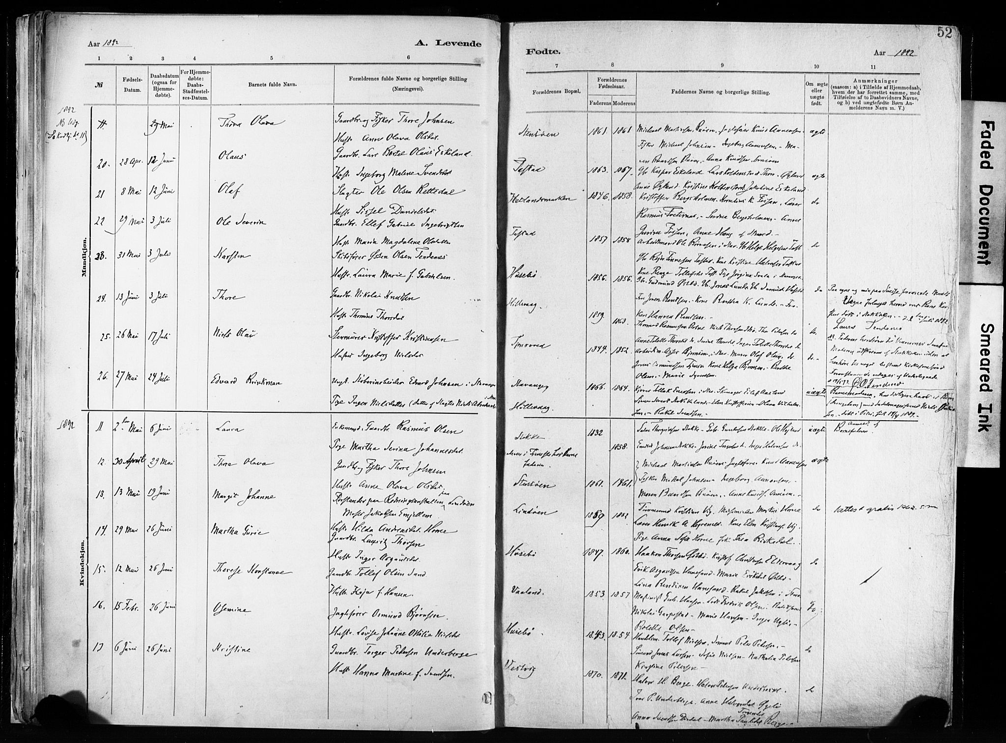 Hetland sokneprestkontor, AV/SAST-A-101826/30/30BA/L0011: Parish register (official) no. A 11, 1884-1911, p. 52