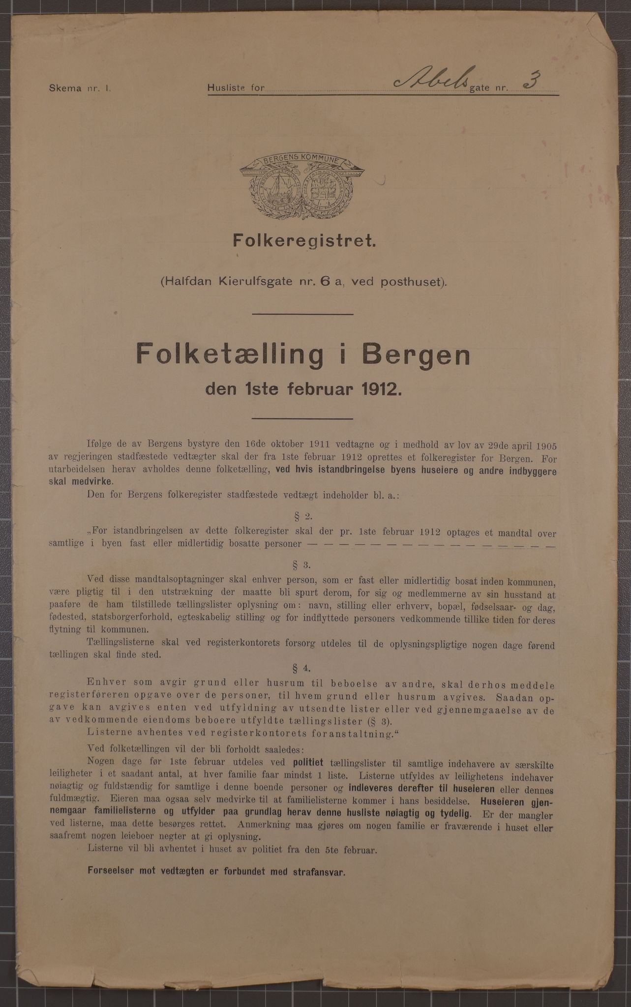 SAB, Municipal Census 1912 for Bergen, 1912, p. 187