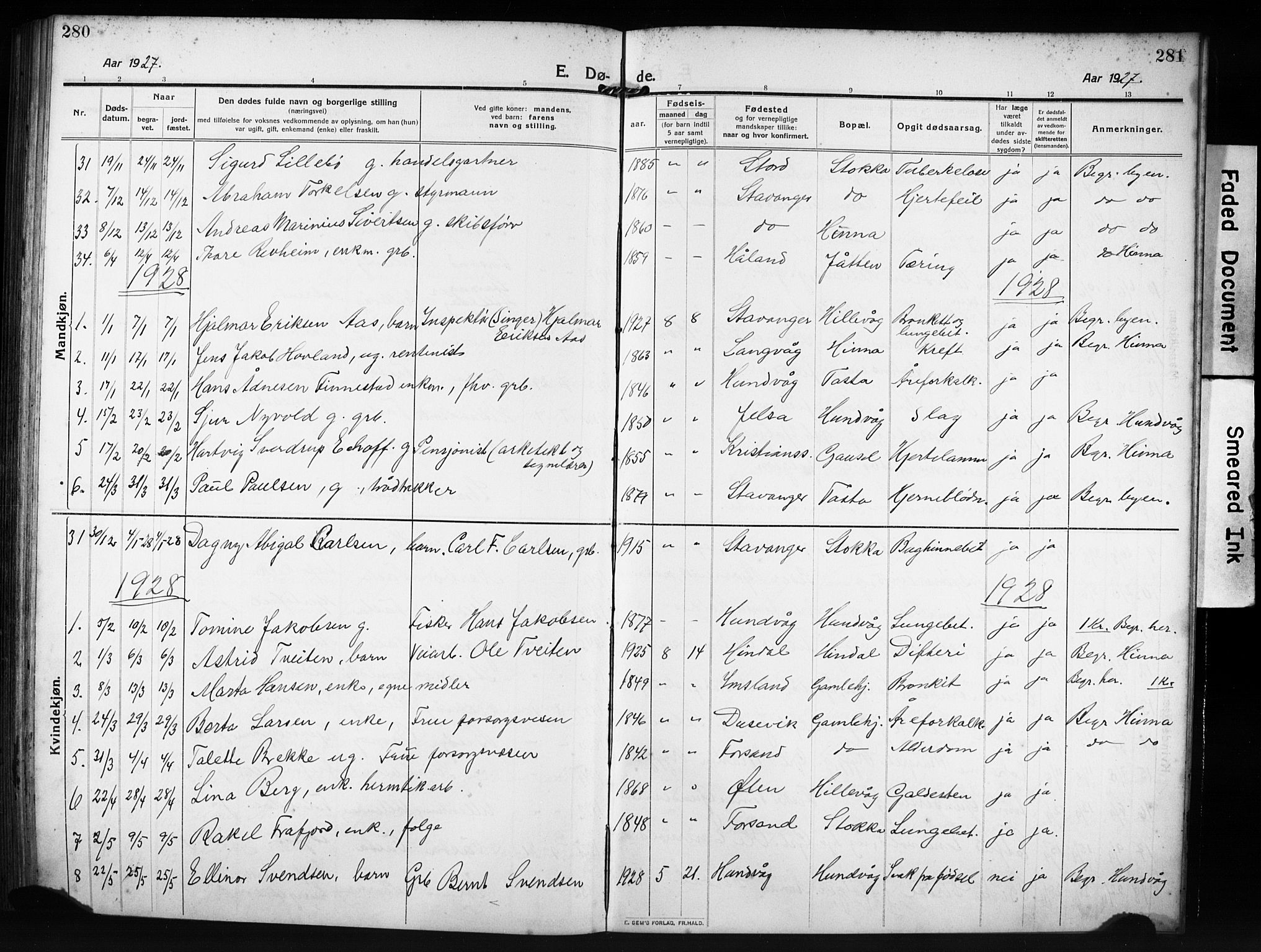 Hetland sokneprestkontor, AV/SAST-A-101826/30/30BB/L0009: Parish register (copy) no. B 9, 1910-1931, p. 280-281