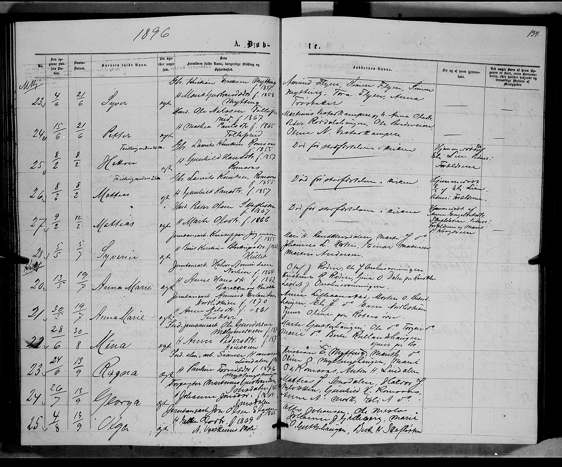 Ringebu prestekontor, AV/SAH-PREST-082/H/Ha/Hab/L0006: Parish register (copy) no. 6, 1880-1898, p. 134