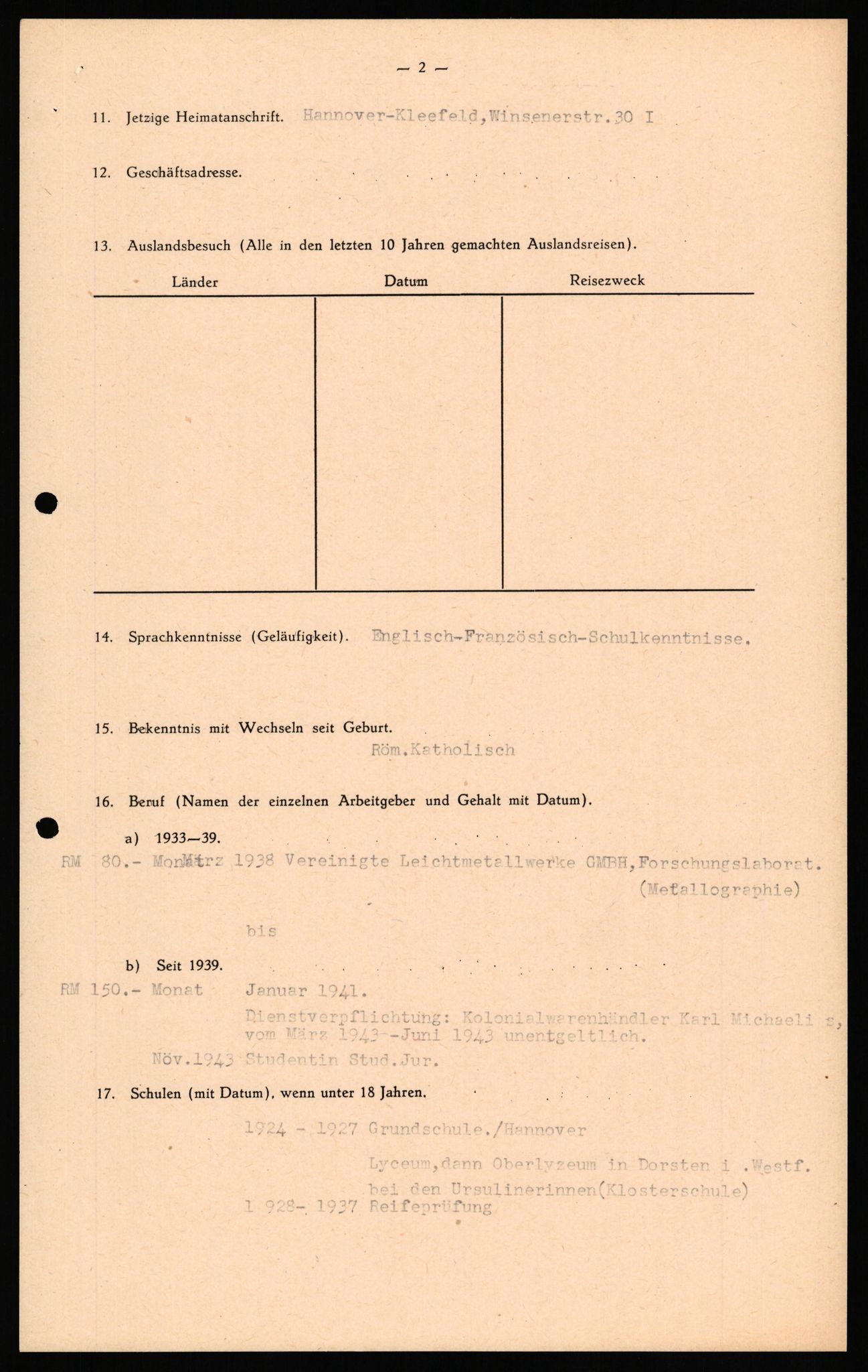 Forsvaret, Forsvarets overkommando II, RA/RAFA-3915/D/Db/L0031: CI Questionaires. Tyske okkupasjonsstyrker i Norge. Tyskere., 1945-1946, p. 263