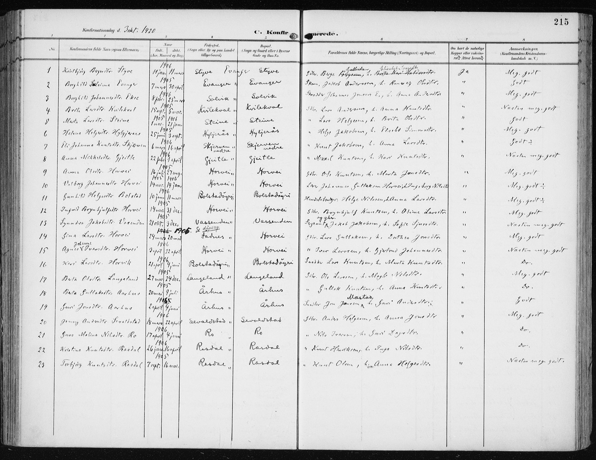 Evanger sokneprestembete, SAB/A-99924: Parish register (official) no. A  3, 1900-1930, p. 215