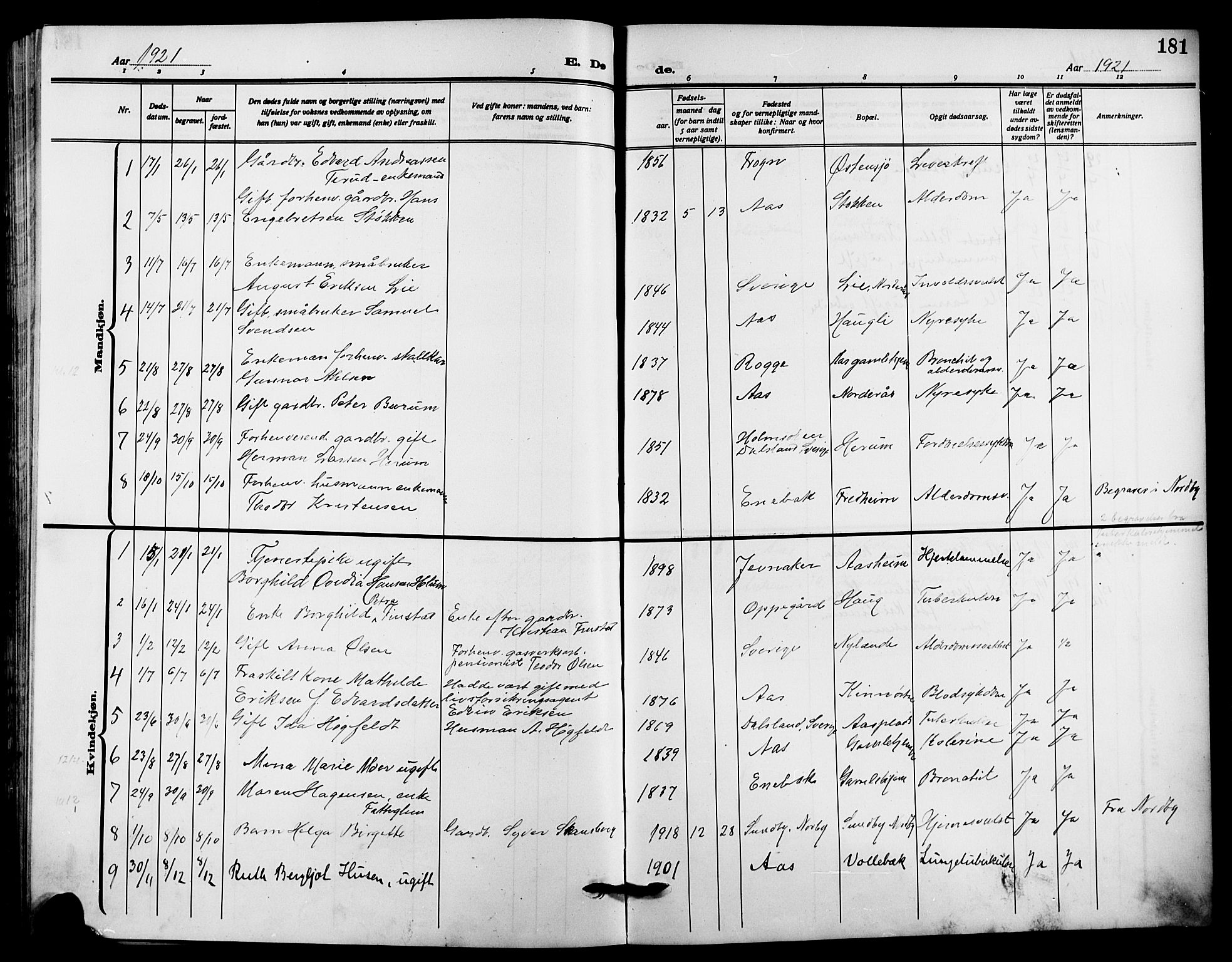 Ås prestekontor Kirkebøker, SAO/A-10894/G/Ga/L0005: Parish register (copy) no. I 5, 1916-1924, p. 181