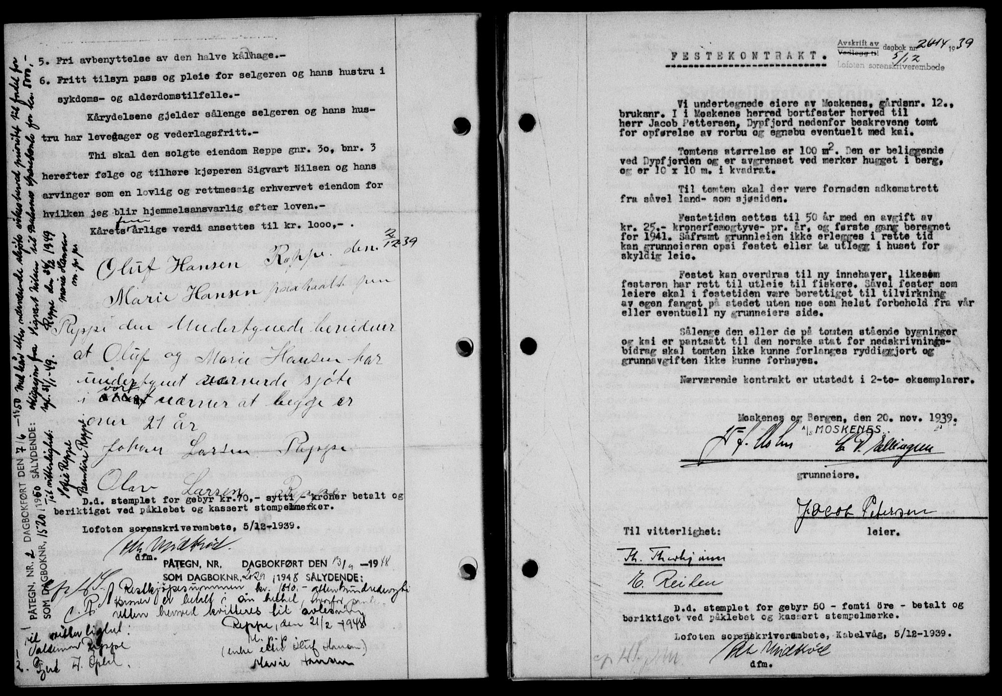 Lofoten sorenskriveri, SAT/A-0017/1/2/2C/L0007a: Mortgage book no. 7a, 1939-1940, Diary no: : 2644/1939