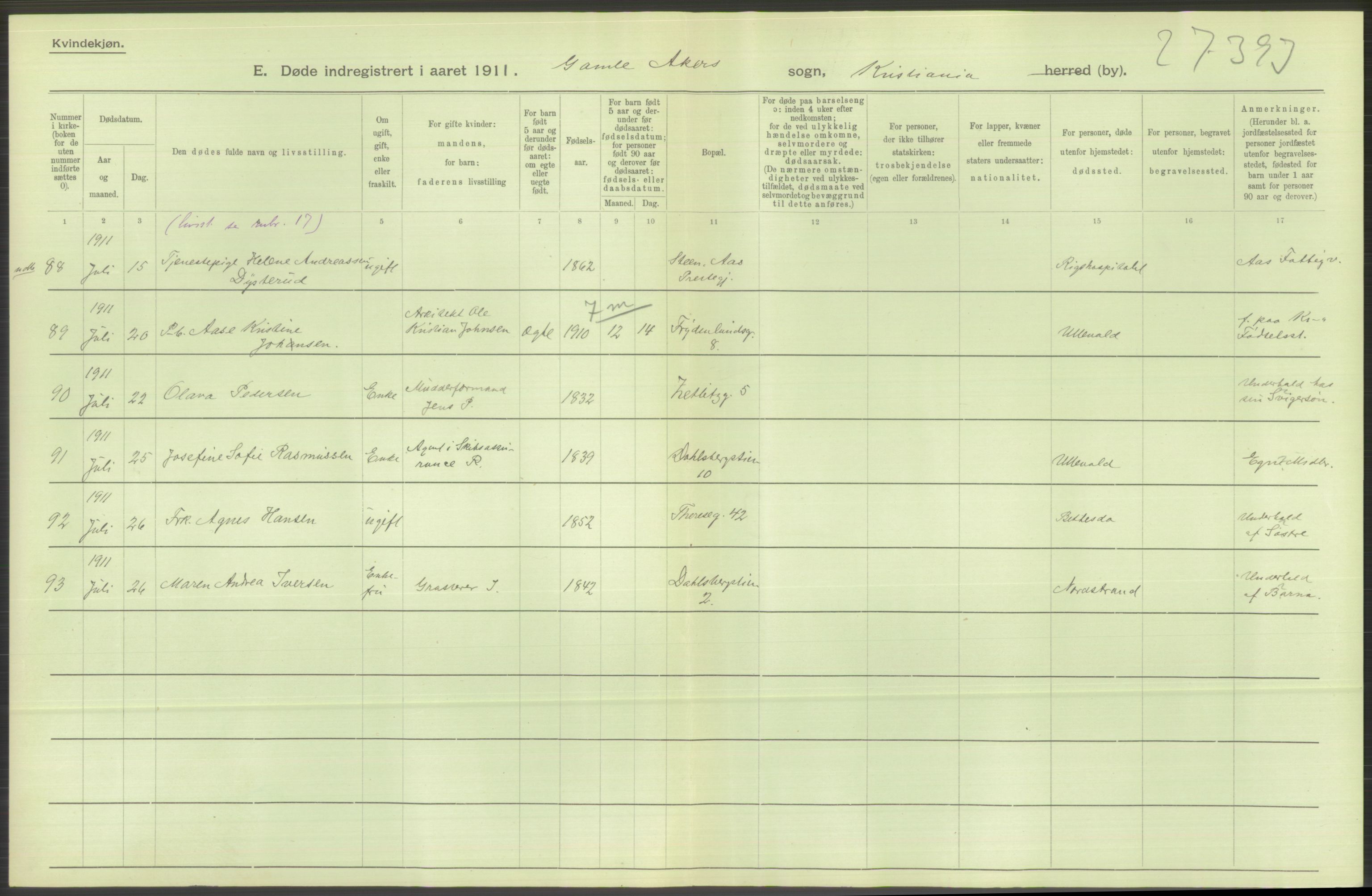 Statistisk sentralbyrå, Sosiodemografiske emner, Befolkning, AV/RA-S-2228/D/Df/Dfb/Dfba/L0010: Kristiania: Døde kvinner samt dødfødte., 1911, p. 556