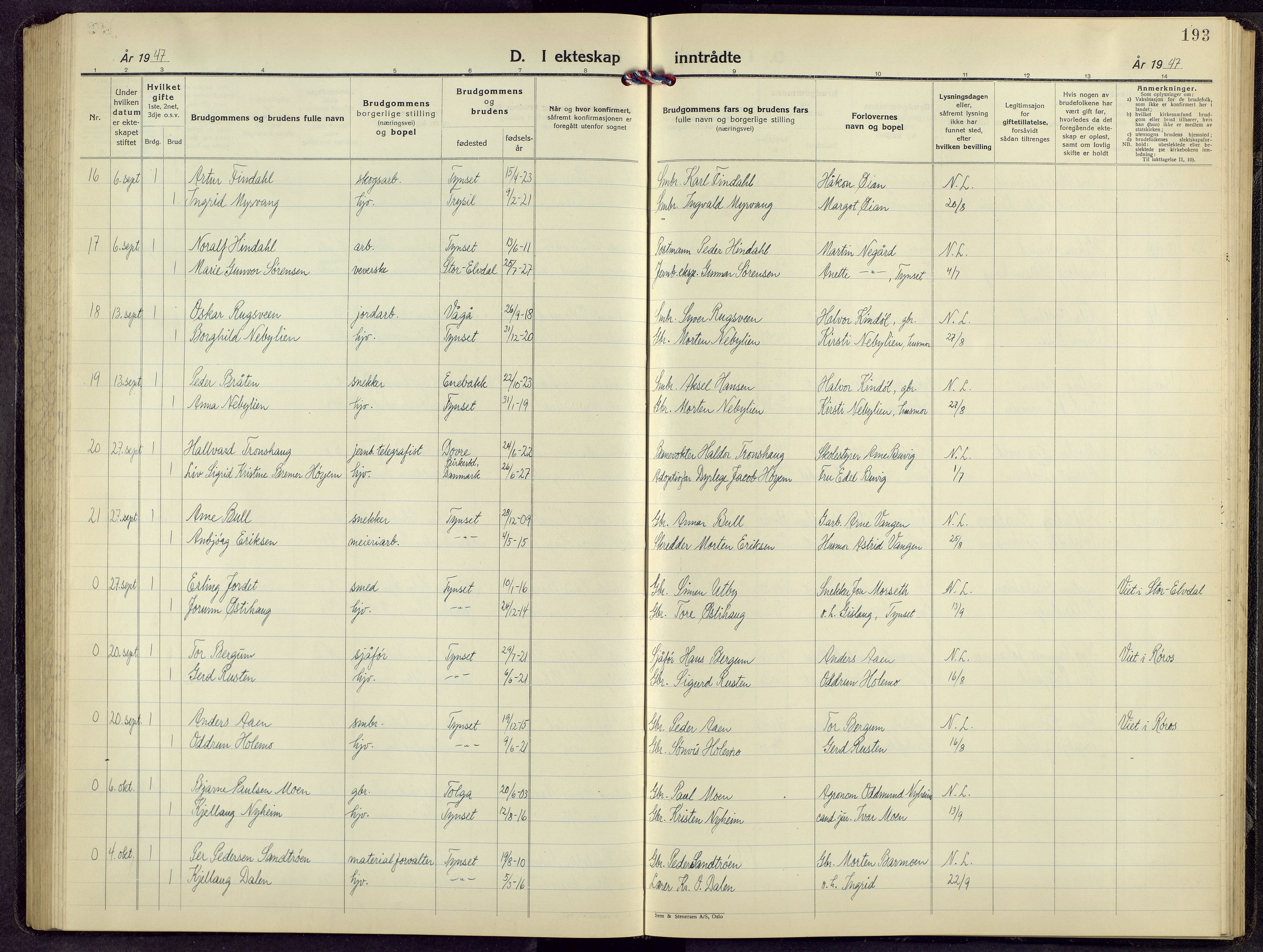 Tynset prestekontor, AV/SAH-PREST-058/H/Ha/Hab/L0014: Parish register (copy) no. 14, 1944-1960, p. 193
