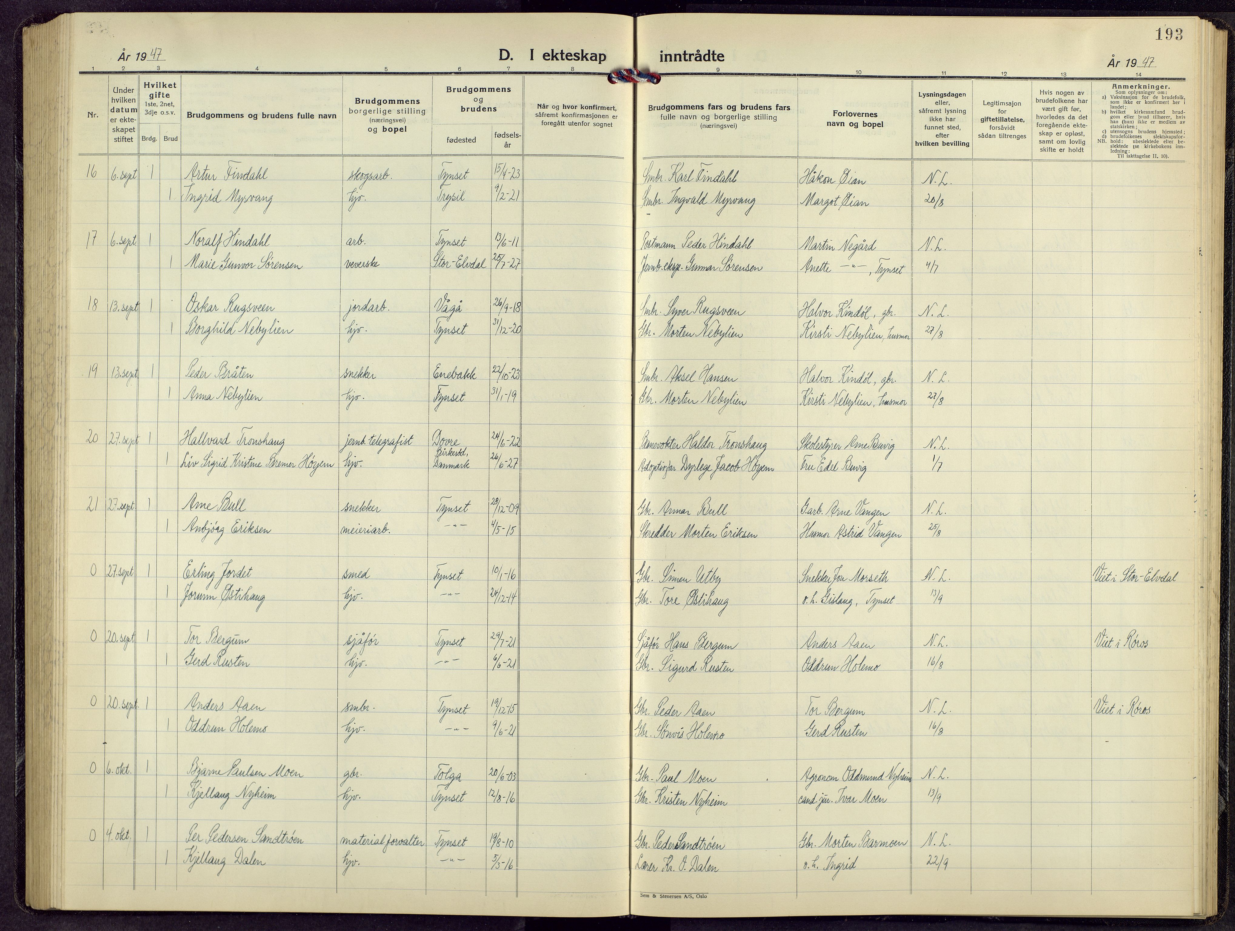 Tynset prestekontor, SAH/PREST-058/H/Ha/Hab/L0014: Parish register (copy) no. 14, 1944-1960, p. 193